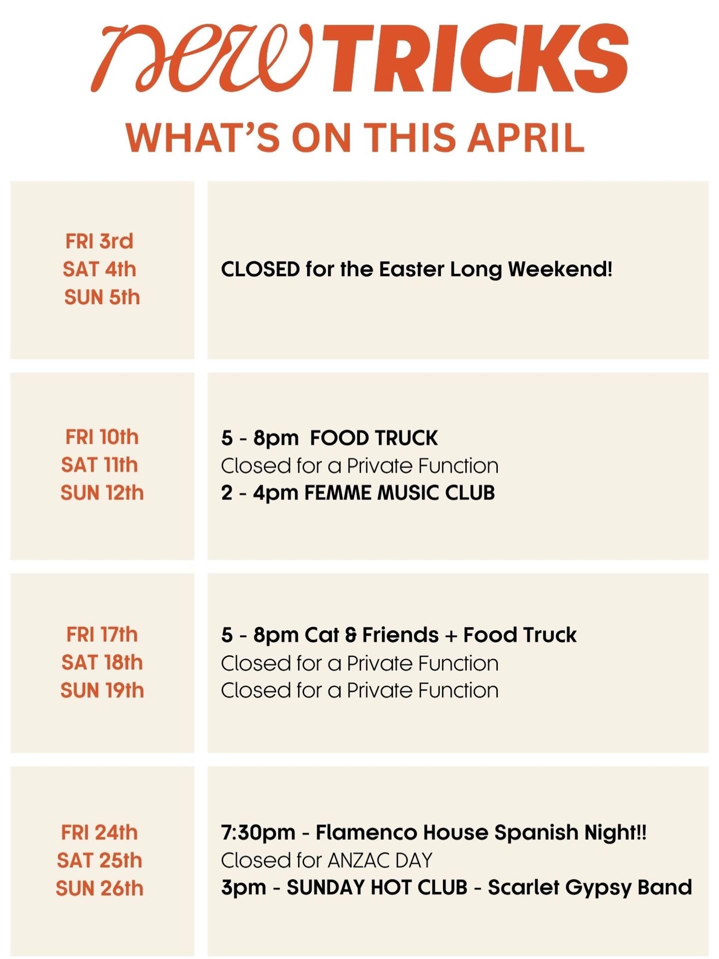 Another busy month ahead for April at New Tricks Distillery!!
