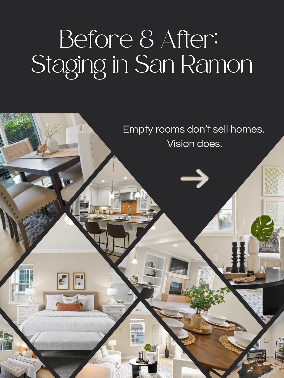 Instead of empty rooms, this san Ramon home now feels inviting, intentional, and ready for market. And in real estate listing photos, that difference matters.
The rooms were spacious, the light was there, and the architecture was strong, but vacant, the home still needed warmth, definition, and a better visual flow.
That is exactly what staging changed here.
If you’re an East Bay realtor, DM us to schedule a consultation for your next property