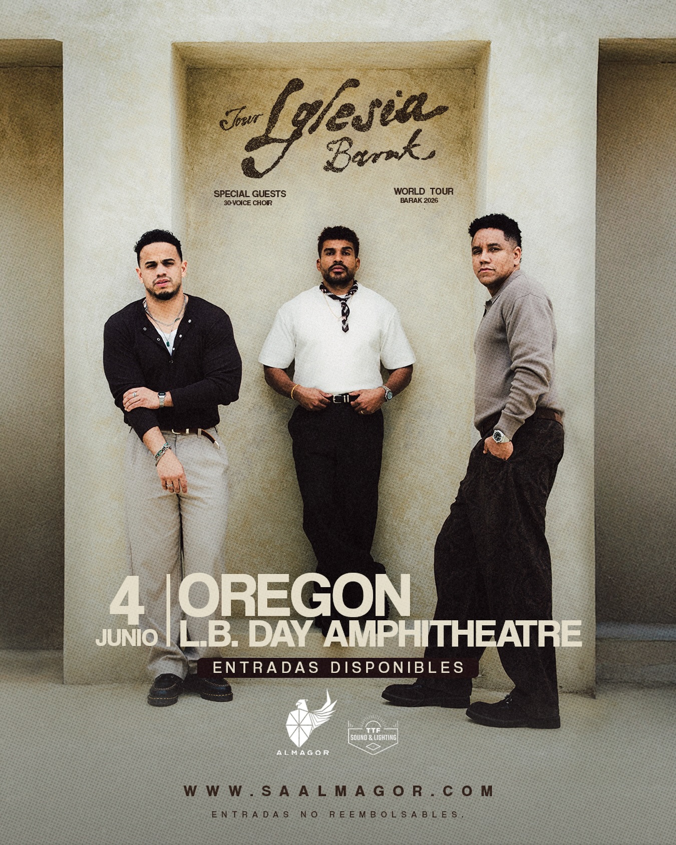 🔥 OREGON, esto ya empezó…
🎟️ Entradas disponibles
🌐 www.saalmagor.com
Asegura tu lugar desde ya.
#Oregon #Barak #IglesiaBarak #Tour2026 #LBDAmphitheater EventosCristianos Almagor WorshipNight ConciertoCristiano