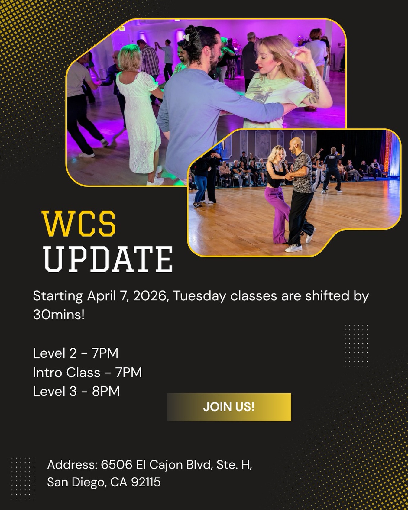 ✨April WCS Updates ✨
You asked, we listened 🤍
Thanks to your feedback, our Tuesday evening WCS classes will now start 30 minutes later beginning April 7th—giving you a little more breathing room to make it to class relaxed and ready to dance.
#starlightdance #partnerdance #westcoastswing #sandiego