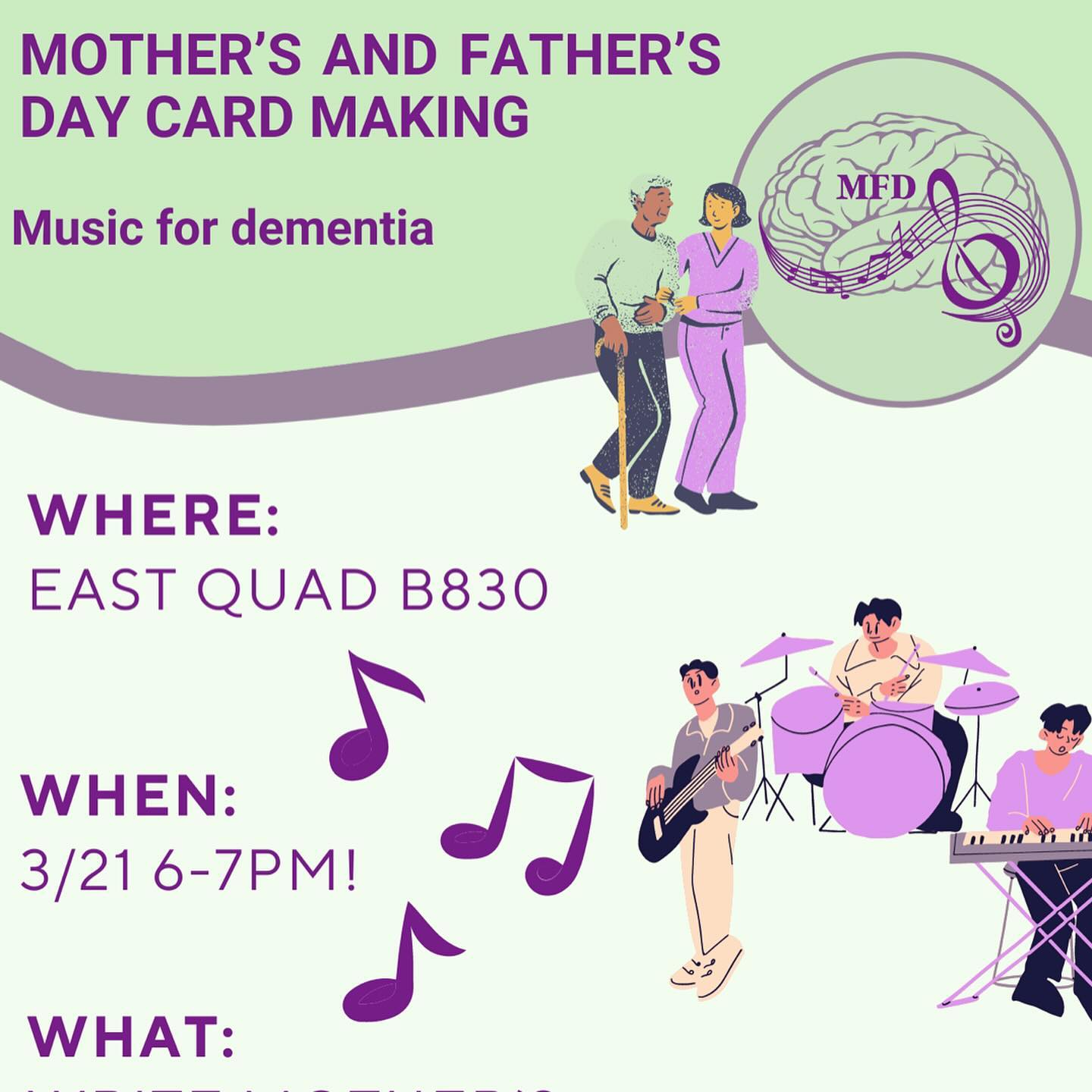 MFD is hosting its first social event of the semester! Join us in East Quad B830 to write mothers and father’s day cards for the senior citizens we play music for.💜💚💜💚. #musicheals #musicfordementia #musicmatters #dementiacare #alzheimers #alzheimerscare #musicfordementia #uofmichigan