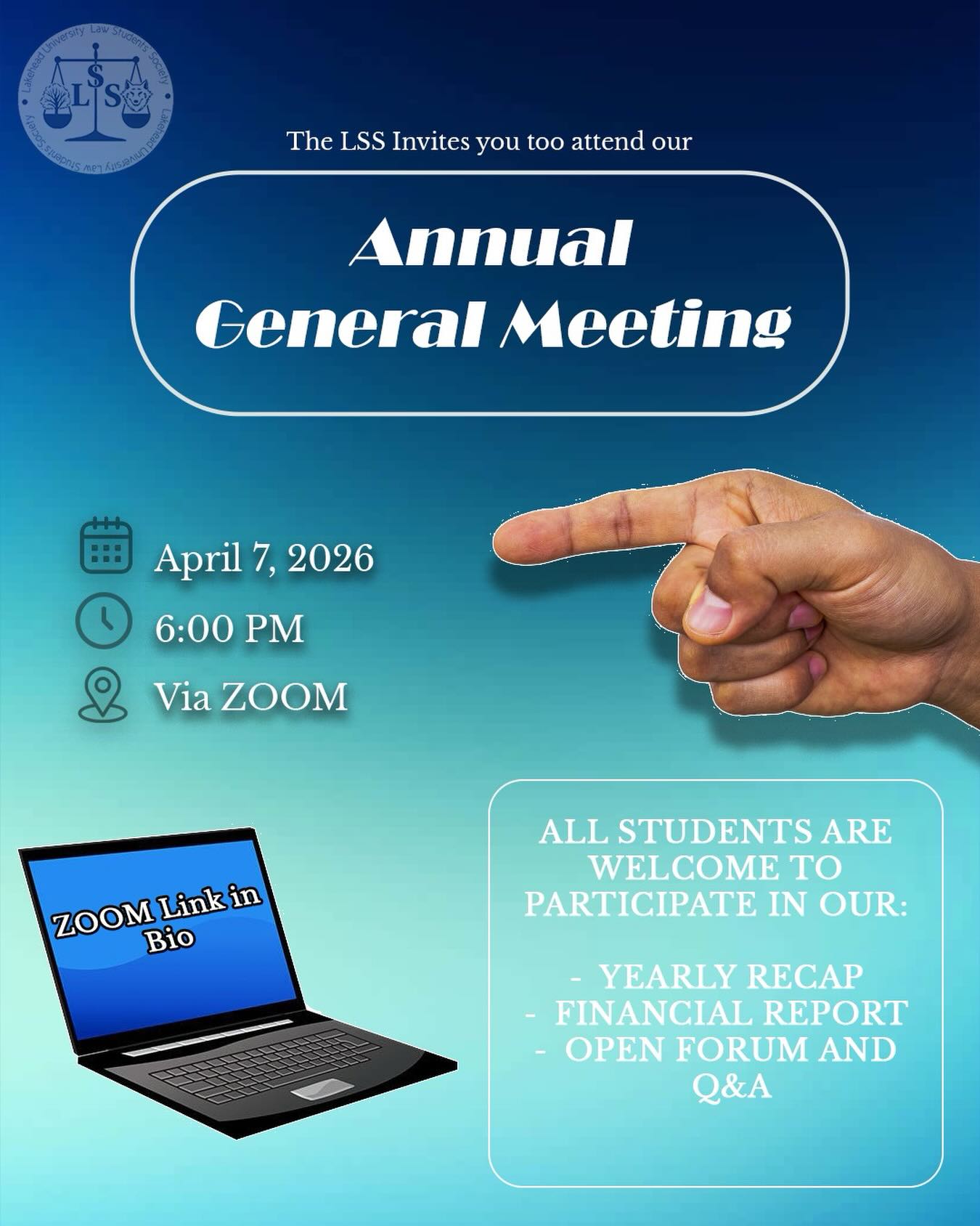 The Lakehead Law Students’ Society will be hosting our Annual General Meeting this coming Tuesday, April 7th, 2026, at 6:00 PM via ZOOM. All students are encouraged to join and participate in our yearly recap, financial report, and open forum for students to share their feedback, questions, and suggestions. Join us! Make your voice heard! We look forward to seeing you there! Link in bio!
