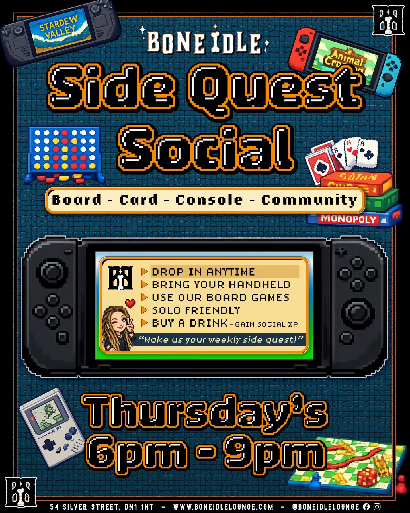 👾 🎲 Tonight is the SIDE QUEST SOCIAL!🍄 🎮
Chill out, bring a console or board game or pick out one from out collection upstairs.
Come alone, bring a pal, grab a drink, have a chat, everyone's welcome!
Come unwind or get wound up trying to beat the boss in a level you've been stuck on.
We've even extended our opening time to 10pm!
See you there! ✌️ ✨
https://facebook.com/events/s/side-quest-social/1267625895317378/