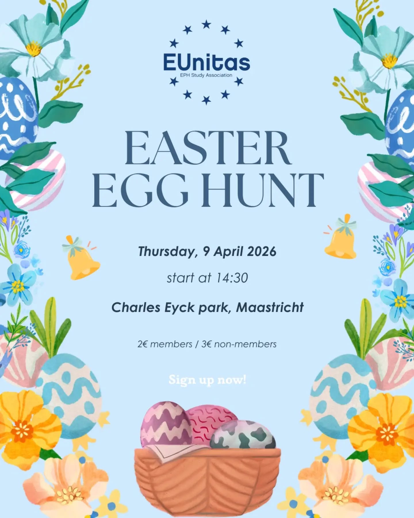 Bring your friends and join us for a fun and competitive Easter Egg Hunt! 🥚🐣 Work in teams to find hidden eggs and win a small prize! 🏆
After the hunt (depending on the weather), we’ll relax with a chill picnic in the park—bring your snacks, hang out, and enjoy the vibes together 🌸 🧺
🗓️ Date: Thursday, April 9th
📍 Location: Charles Eyck Park
🕒 Time: 14:30 — please be on time!
🎟️ Participation fee:
Members: €2
Non-members: €3
👉 Spots are limited, so sign up early in our bio!