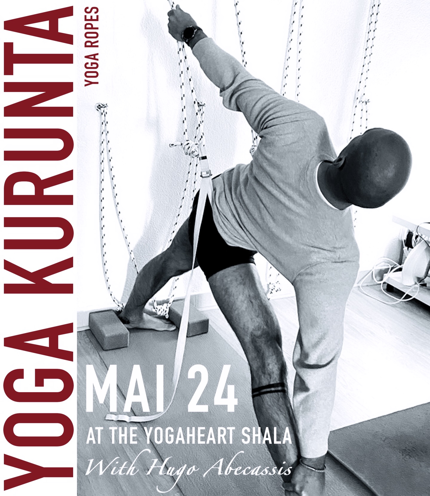 YOGA KURUNTA Workshop
Exploring the Wall Ropes
With Hugo Abecassis
At the Yogaheart Shala - Lisbon
(Online and In person)
MAI 24
From 10h to 13h
Limited spots
Yoga Kurunta refered to as “Yoga on the Ropes” is an asana practice using ropes on a wall. This practice gives us a greater perception of space, along with greater depth of movement in non-weight-bearing (Kurunti means “puppet” in Sanskrit).
In this three-hour workshop we will learn a wide variety of rope uses, whether in standing, seated or inverted poses.
This workshop is aimed at all yoga practitioners and teachers who wish to explore the possibilities of this technique.
. This workshop will be held in English.
PRICE
YogaHeart Shala students - 60€
External students - 70€
Info: +351 913 887 346 | taniafonseca.yogaheart@gmail.com
.
.
.
.
.
#kurunta #yogaworkshop #ropeviparitadandasana #chestopening #shoulderopening