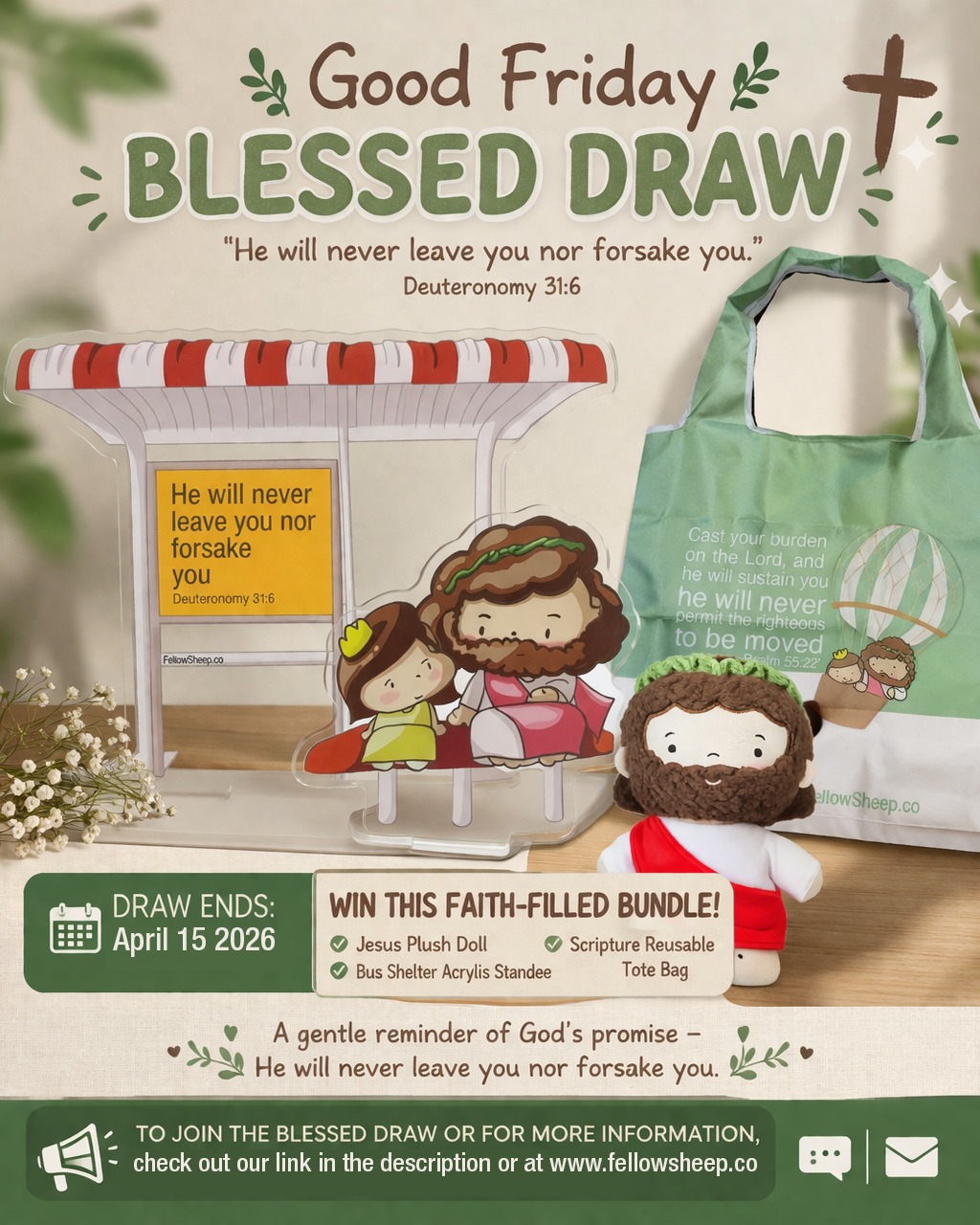 BIG GIVEAWAY ALERT! ✨
We want to share some love (and some cute gear) with our amazing community! We’re giving away 3 incredible prize bundles from fellowsheep.co to three lucky winners! 🐑🎁
🏆 THE PRIZES
1st Prize: The Ultimate Fan Bundle (Plushie + Tote Bag) — Value $40
2nd Prize: The Desk & Daily Bundle (Acrylic Standee + Tote Bag) — Value $27
3rd Prize: The Everyday Essential (Tote Bag) — Value $10
👇 HOW TO ENTER
1️⃣ LIKE this post to show some love! ❤️
2️⃣ FOLLOW our account @fellowsheep.co to stay updated! 👉
3️⃣ TAG 5 friends in the comments who would love these goodies! 👯♂️ (This is 1 ticket to participate)
Each additional tag counts as an extra entry!
(Maximum of 5 entries per account to keep it fair for everyone!)
Giveaway Ends: April 15 2026
📣 Winners Announced: April 16 2026 via our Stories!
May Jesus's Favor be upon you everyone! Let’s spread the joy! ✨
#giveaways #Fellowsheep #plushie #totebags #giveawaysg #christiancreative #smallbusinesslove #jesus