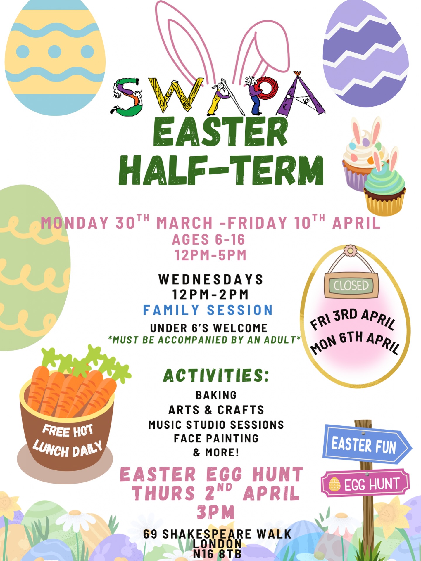 🐣✨ SWAPA Easter Half-Term is HERE! ✨🐰
Get ready for two weeks of fun, creativity & good vibes 🎨🎶
From baking and arts & crafts to music sessions and face painting, we’ve got something for everyone!
🥕 Free hot lunch daily
👨👩👧 Family Wednesdays (under 6s welcome!)
🥚 Easter Egg Hunt – Thurs 2nd April, 3PM
Come through, bring your friends, and make this Easter unforgettable! 🌸💛
#SWAPAEaster #EasterHalfTerm #EasterFun #LondonKids #FamilyActivities EggHunt CreativeKids SpringFun