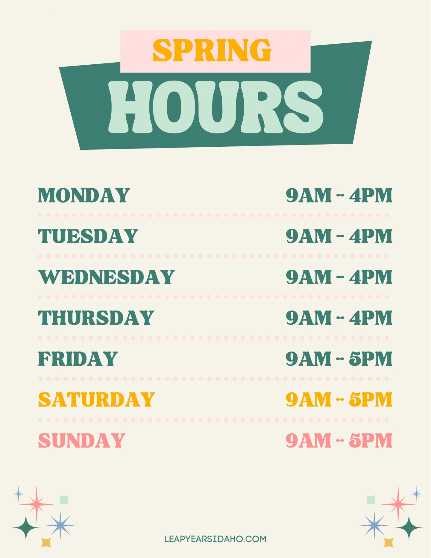 Spring and Summer Hours are here for the Boise locations! 🌸💐🌺🌷