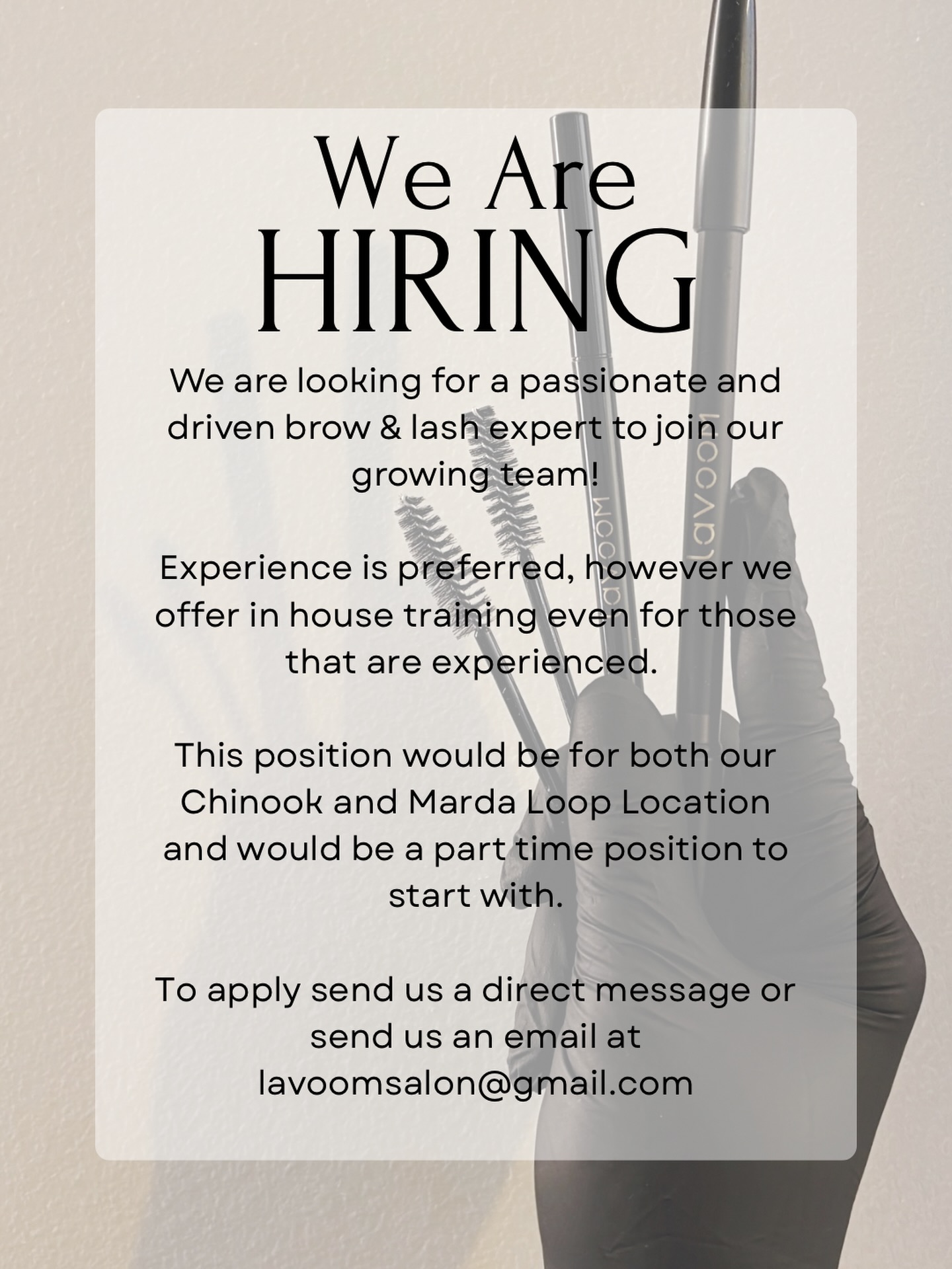 We Are Hiring! ✨
We are looking for a passionate and driven Brow & Lash Expert to join our growing team at Lavoom Salon!
Whether you’re a seasoned pro or looking to start your career in the beauty industry, we want to hear from you. We offer comprehensive in-house training for all skill levels to ensure you’re delivering the high-standard Lavoom experience our clients love.
The Details:
• Position: Part-time (with the potential to transition to full-time).
• Locations: Availability for both our Chinook and Marda Loop locations.
• Training: Provided in-house for all new hires.
How to Apply:
Ready to join the team?
• 📥 DM us right here on Instagram.
• 📧 Email us your resume at: lavoomsalon@gmail.com
We can’t wait to meet our next beauty expert! 🖤