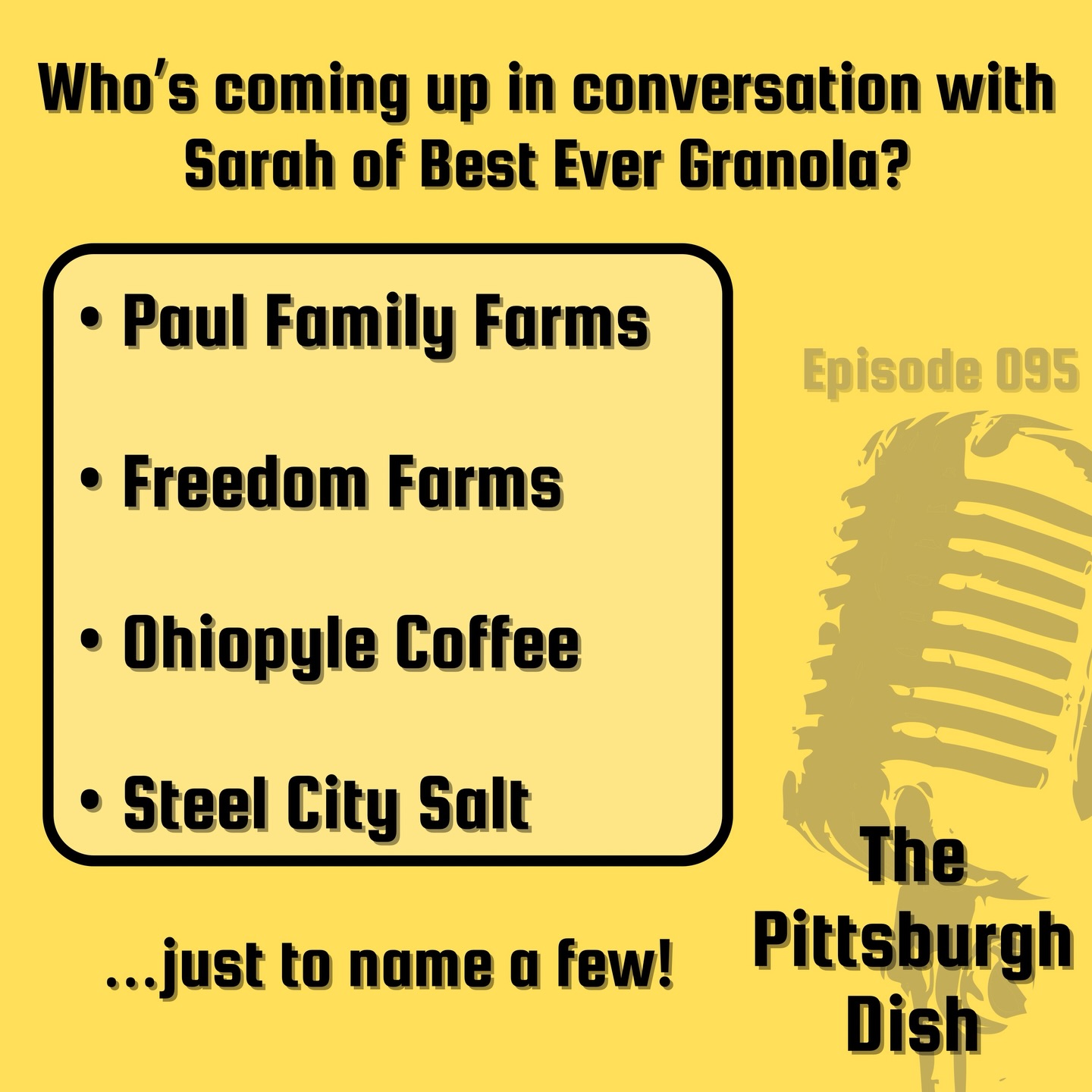 Who’s coming up in conversation with Sarah Kaminski of Best Ever Granola? Tune into Episode 095 to hear more about the local partnerships that are important to her.
Listen to The Pittsburgh Dish on Apple, Spotify, or wherever you get your podcasts! 🔊
#pittsburgh #pgh #podcast #local #food