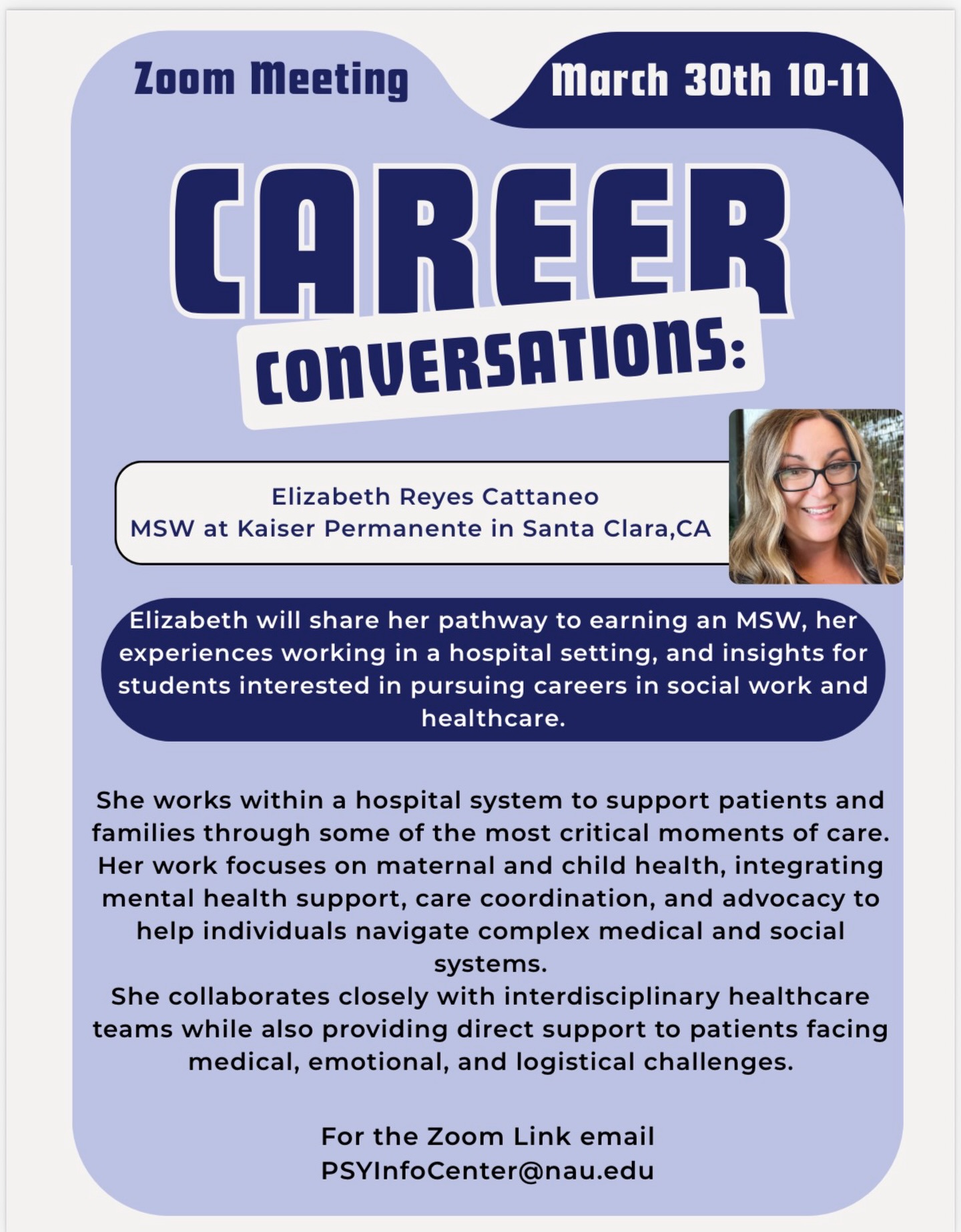 ✨TODAY! ✨
Join us for a chat with @lizreyescattaneo where we explore Pathways to Social Work! Elizabeth Reyes Cattaneo, MSW is a Pediatric Medical Social Worker at Kaiser Permanente in Santa Clara, California. She discusses making decisions regarding counseling or social work, what her work specifically involves, how to gain relevant skills, and how to support families in healthcare settings.
Zoom link 🔗 in bio!
Recording 🎥 available 🔜