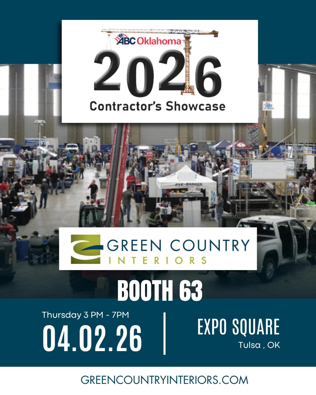 Join us at the ABC Contractor’s Showcase at the Tulsa Fairgrounds Expo Center this Thursday, April 2nd from 3–7 PM.
Stop by Booth #63 to meet the Green Country Interiors team and talk about how we support commercial construction projects from concept to completion. If you’re planning, building, or scaling a space, let’s talk.
See you there.