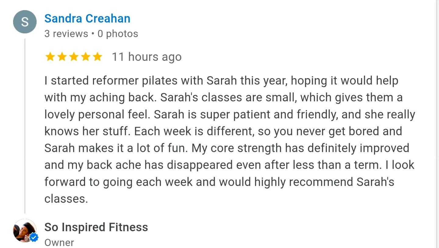Aw just go this lovely feedback from one of our newest Reformer Pilates ladies. I am thrilled our supportive and attentive small group sessions are working and healing her body 💖