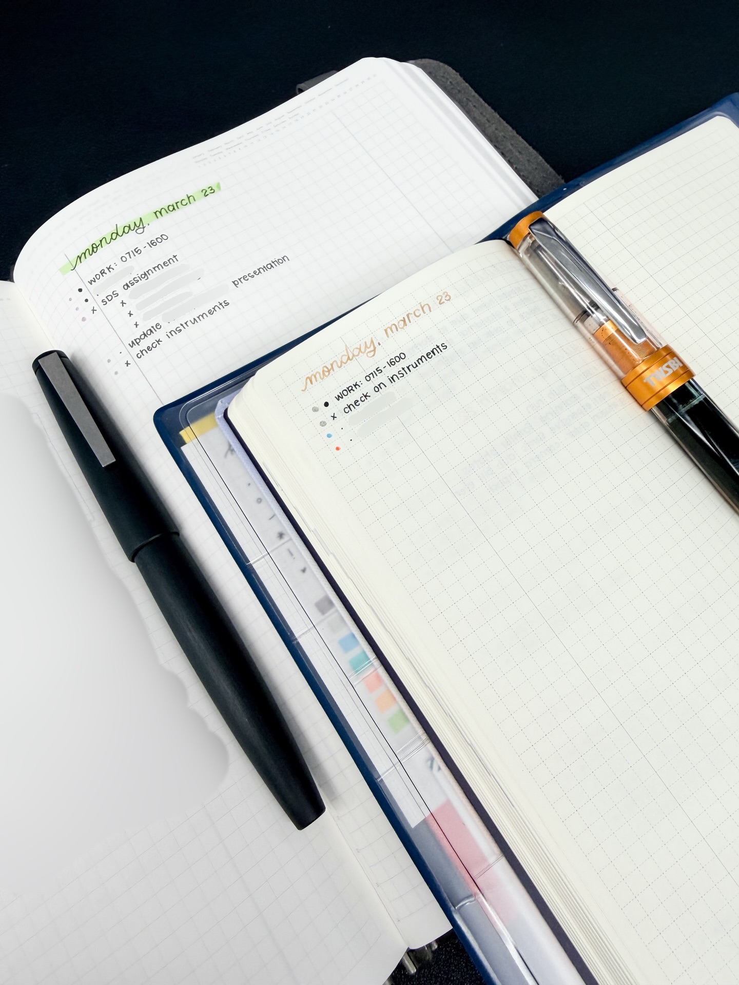 Work & personal daily logs. I always prefer to start the week on a new page.
Supplies:
A5 Stalogy (Work Bullet Journal)
Hobonichi Weeks (Personal)
Lamy 2000 <EF>
TWSBI 580ALR <Custom Needlepoint>
De Atramentis Document Black (in both fountain pens)
Zebra Mildliners for color coding dots