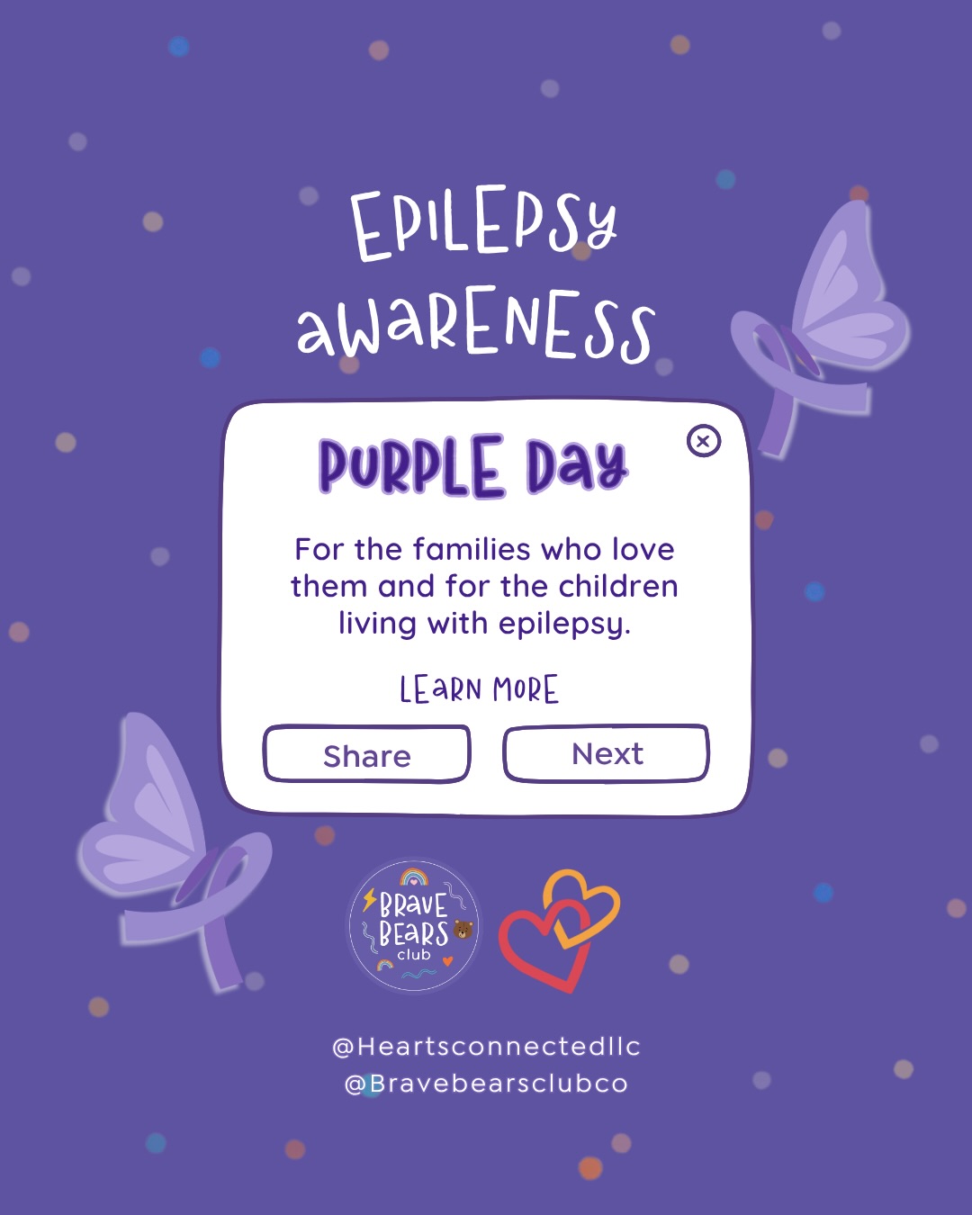 💜 On March 26th we wear purple for Purple Day — a day dedicated to raising awareness for Epilepsy.
For many children and families, living with epilepsy means navigating hospital visits, procedures, uncertainty, and big emotions. This is where child life specialists step in — helping children understand what’s happening to their bodies, creating space for questions, and providing coping strategies that make medical experiences a little less scary.
Through play, preparation, and emotional support, Hearts Connected helps children feel seen, heard, and empowered in their healthcare journey.
Brave Bears Co’s mission is to empower children with epilepsy through educational and inclusive resources that provide comfort and representation.
Today and every day, we stand with the millions of individuals and families affected by epilepsy. 💜
Because every child deserves to feel brave, understood, and supported.
💬 Share a purple heart in the comments to show your support and help raise awareness today.
GIVEAWAY CLOSED
How to enter:
1. Like our post
2. Follow Hearts Connected & @bravebearsclubco
3. Share to your story
Giveaway will close on March 30th, 11:59 PM PST & winner will be chosen and posted on our story on March 31st!
#PurpleDay #EpilepsyAwareness #ChildLifeSpecialist #ChildLife EpilepsySupport