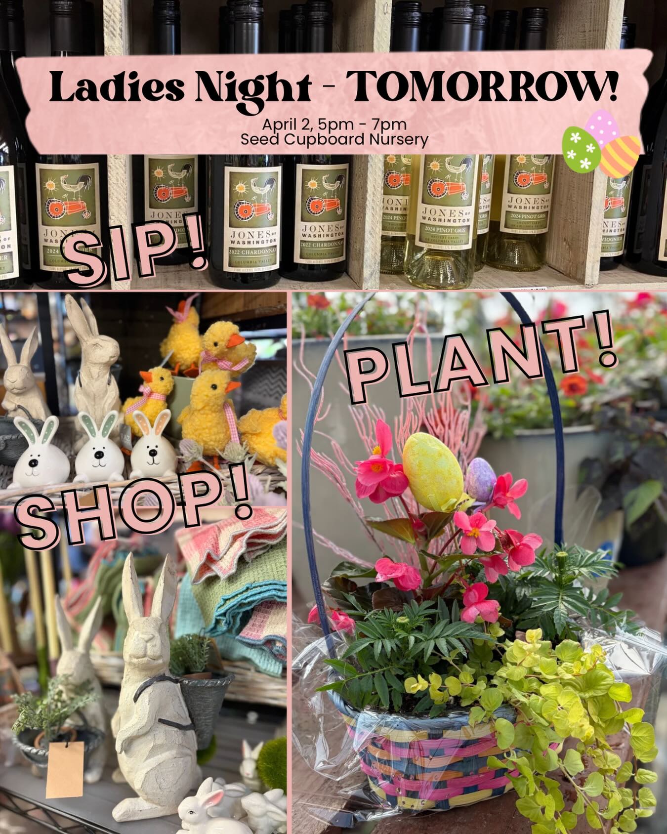 Sip, Shop, and Plant tomorrow at Ladies Night!
🍷 @jonesofwa wines and Italian sodas
🌸 40% off all Easter decor
🐰 Plant an Easter Basket planter for the holiday