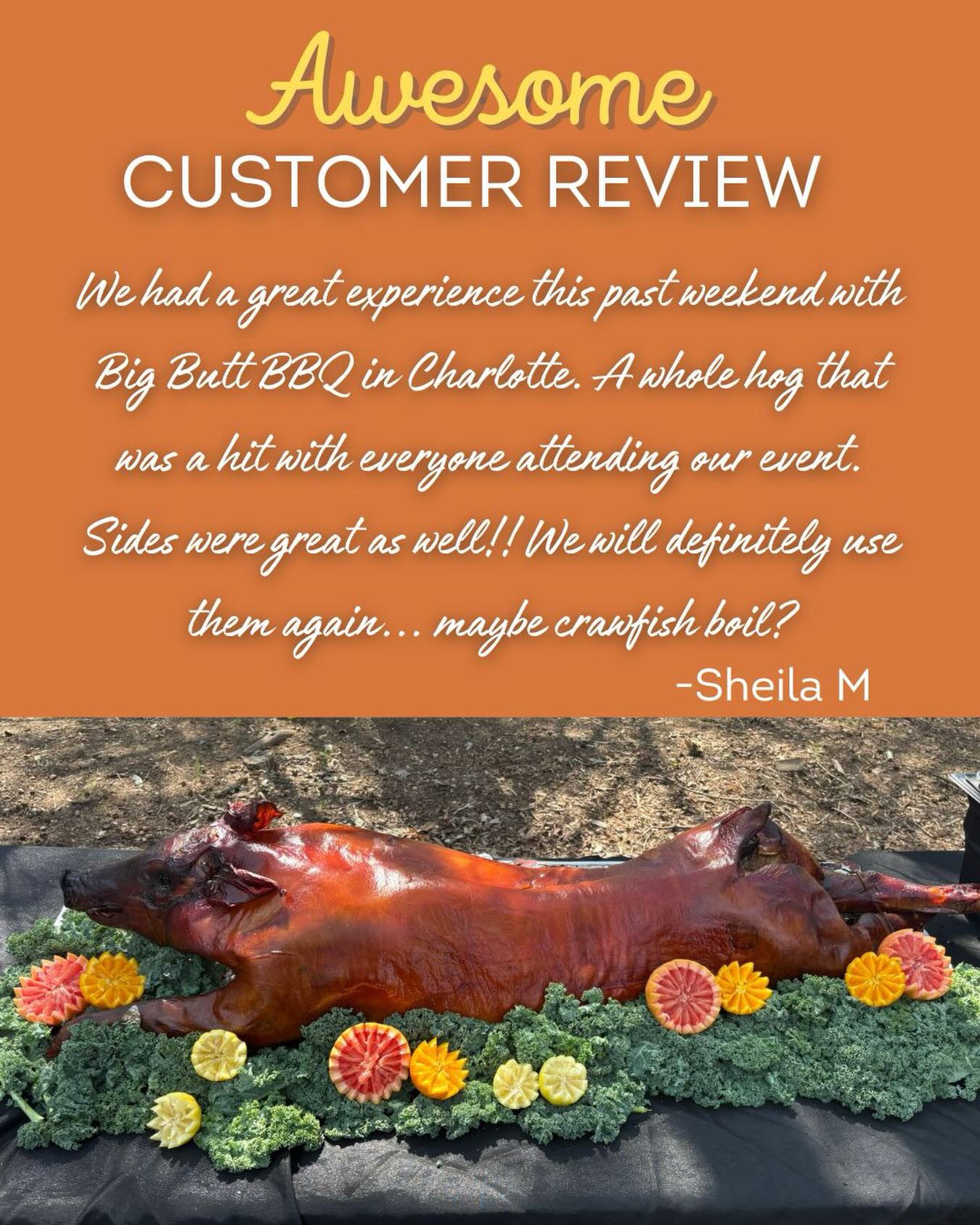 Sharing a nice review for a recent whole hog catering! #bbqcatering #review #wholehogbbq #bigbuttbbq