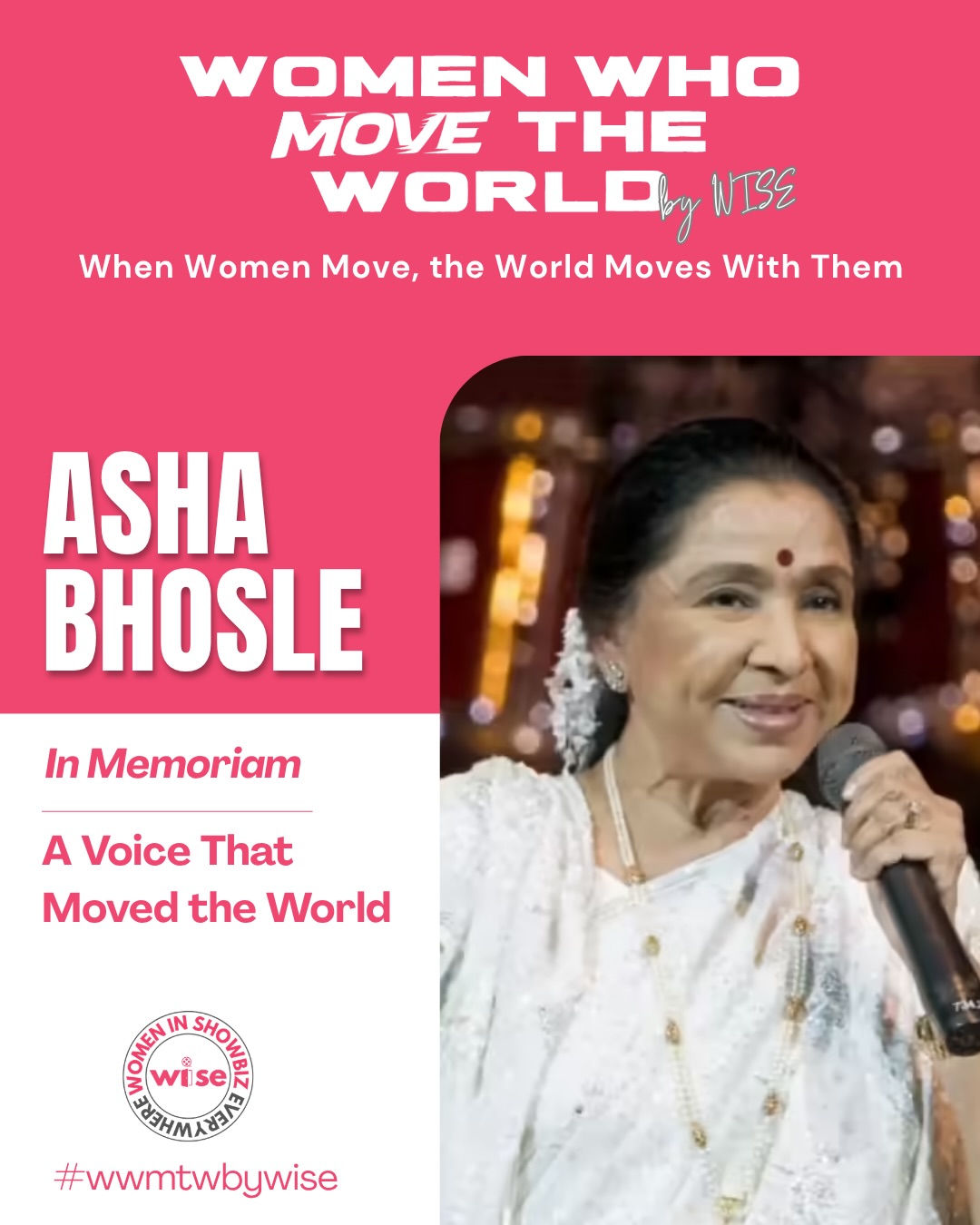 In this special Women Who Move the World — In Memoriam, we honor Asha Bhosle (1933–2026)—a voice that didn’t just define music, but shaped culture itself.
From timeless classics like In Aankhon Ki Masti to thousands of songs across languages and genres, her artistry transcended borders, generations, and expectations. She became one of the most prolific and versatile voices in history—her sound woven into the fabric of Indian history and beyond.
Honored with the Padma Vibhushan, the Dadasaheb Phalke Award, multiple National Film Awards, and two Grammy nominations (1997, 2005), her legacy stands among the greatest the world has ever known.
She didn’t just sing—she made us feel, remember, and dream.
A voice that moved generations.
A legacy that will never fade.
A true Woman Who Moved the World 🌍
@asha.bhosle 🤍🙏🏼
#WomenWhoMoveTheWorld #whmtwbywise #InMemoriam #WomenInShowbizEverywhere #AshaBhosle