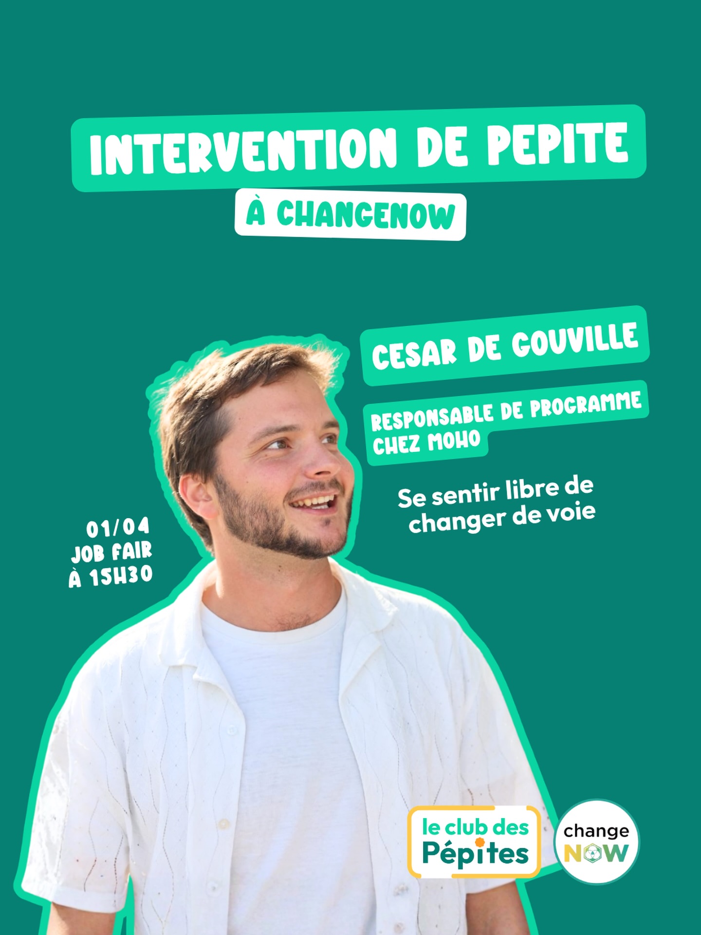Vous sentez-vous libres et serein·es de changer de voie ? 😰
Rejoignez la Job Fair à 15h30 le 01/04 à @changenow_world pour en discuter avec Cesar De Gouville !
💬 « Je suis aujourd’hui de retour avec Le Club des Pépites sur la table ronde “Se sentir libre de changer de voie” et je compte bien vous dire à quel point je suis heureux d’avoir bifurqué avec @_cycleforwater puis @mohonation !! »
👀 Responsable des programmes de MoHo, Cesar a maintenant pour vocation de créer des coalitions réunissant toutes les parties prenantes de la société autour des enjeux de transitions. Il a pour cette mission un grand tiers-lieu à Caen avec une diversité de publics (entreprises, étudiants, citoyens, associations etc...) et plusieurs programmes qui ont pour but de trouver des solutions durables face à des enjeux systémiques (mobilité durable, concilier ville et vivant, redonner du pouvoir d’action à la jeunesse etc...).
🎟️ Gratuit pour les étudiant·es et demandeur·euses d’emploi, ou 12€ la place du mercredi de 13h à 20h.
👉 Réserve ta place ici : https://www.changenow.world/ticketing/
Alors, on s’y retrouve ? 👀
✨ Le Club des Pépites