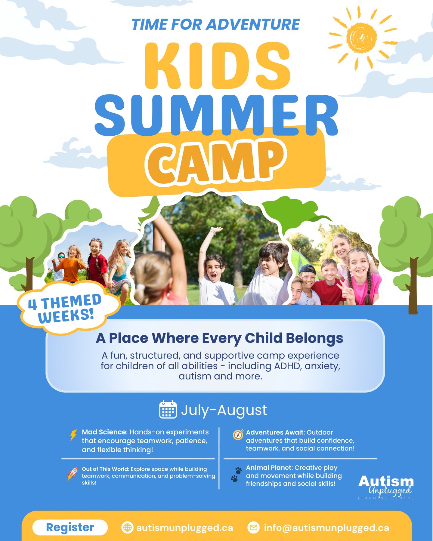 ☀️ Autism Unplugged Summer Camp is returning, and we couldn’t be more excited.
.
Our summer programs are designed to be more than just a way to fill the day.
This is where kids build real confidence, real connections, and real-life skills, in an environment that truly understands them.
.
Our camps are open to any child who would benefit from structure, social skill development, and a supportive environment.
.
Each week brings new experiences, guided social opportunities, and hands-on activities designed to help children connect, regulate, and grow.
.
✨ Weekly themed programming
✨ Social skill development built into every day
✨ Structured, supportive environment
✨ Opportunities to build friendships and confidence
.
Spots are limited to ensure the right level of support for each child.
.
📍 Georgina
📅 Weekly programs running all summer
.
👉 Register here:
https://www.autismunplugged.ca/summercamp
.
Link in bio.
.
This is the kind of summer that doesn’t just fill time,
it builds something that lasts. 💙
.
#InclusiveCommunity #AutismUnplugged #Keswick #Pefferlaw #Sutton #MountAlbert #EastGwillimbury #ShopLocalGeorgina #Georgina #ExploreGeorgina #GeorginaMatters #GeorginaBusiness #AutismAwareness #SensoryFriendly #GeorginaMoms #YorkRegionMoms #KeswickMoms #EastGwillimburyMoms #SuttonMoms #LocalMoms #YorkRegionParents #SummerCampGeorgina #SocialSkills