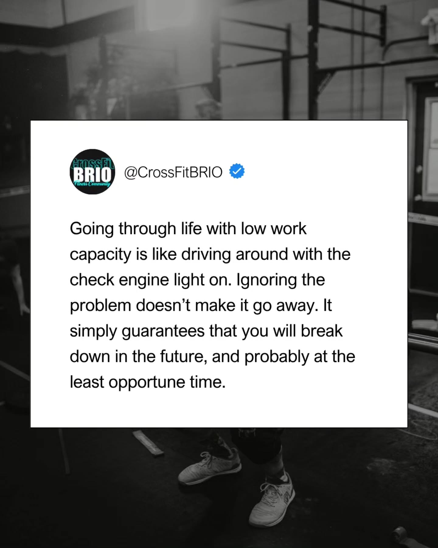 Struggling to stand up from a chair or off the toilet, avoiding the stairs, never getting down on the ground and back up again, limited ability to lift groceries, suitcases, or little kids, difficulty walking or hiking more than a few hundred metres... These red flags 🚩 are the onset of decrepitude (ie the loss of functional capacity that lands you in a nursing home). It's one thing if they happen in your 90s, but it's a whole different set of alarm bells if they happen in your 30s, 40s, or 50s.
A lot of people are out here going through life as if the future doesn't exist. Becoming frail and incapable, especially decades ahead of schedule, is a choice.
Choose your future on purpose.
#fitnessishealth #healthiswealth #workcapacity #masterofyourowndestiny #crossfitforlife