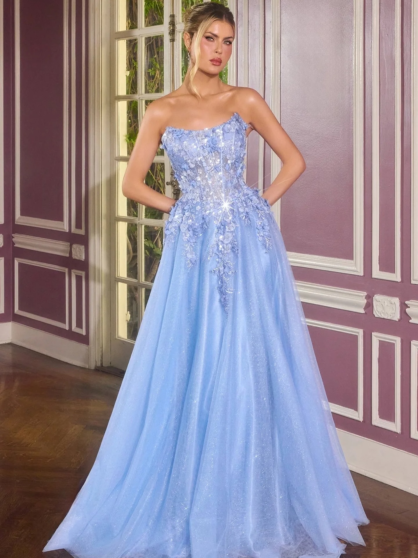 Meet Skye 💫 — This soft blue beauty features delicate 3D floral appliqués that bloom across the bodice and cascade gently into a flowing, ethereal skirt. With its strapless neckline and shimmering layers, Skye captures light with every step, creating a magical, floating effect.
Perfect for making an unforgettable entrance💙
Sizes available from 2-18 for purchase.