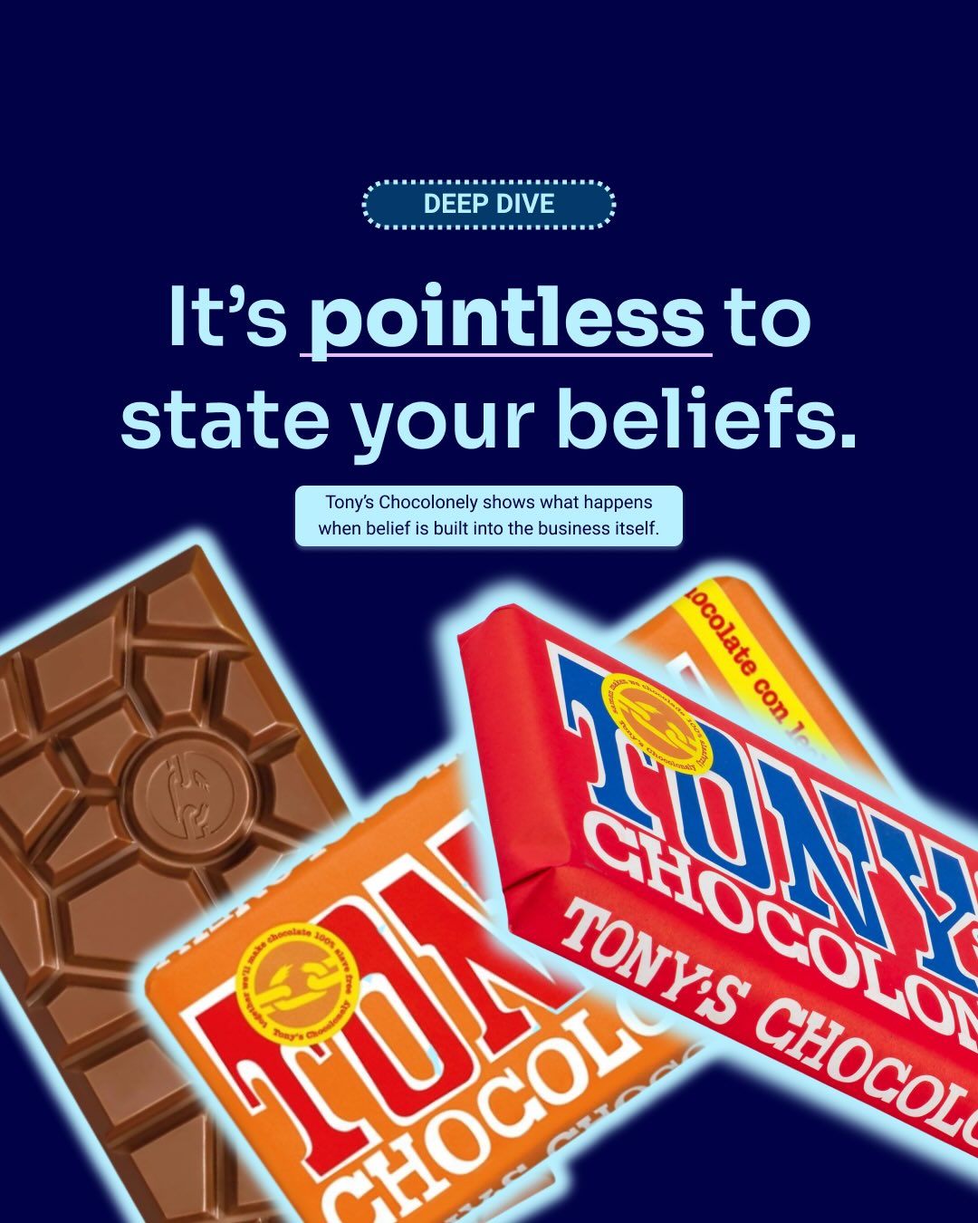 So many founder-led businesses want to build a brand that stands for something, but simply listing your beliefs on your website or your IG bio isn’t the way to do it.
Tony’s chocolonely is one of my favourite examples of this. Instead of simply talking about slavery in the cocoa industry (their mission is to stop it completely), they designed that belief into the product itself, looking at everything from the uneven chocolate pieces to messaging on the outside and inside of the wrapper.
Customers ate demanding more of brands and it isn’t enough to ask what you stand for as a business. You have to be able to look at where that belief shows up in the business itself.
As always, there’s farrrr more detail in my Substack. Check the link in my bio! And if you have any more examples I’d love to hear 🍫🍫