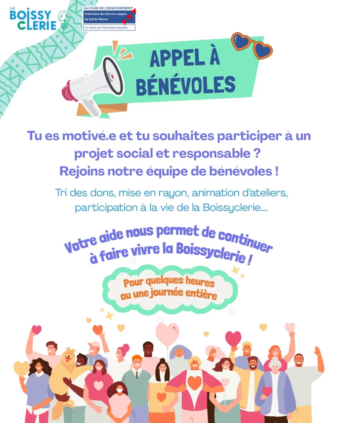 Nous recherchons de nouveaux bénévoles pour venir nous aider à la Boissyclerie ! 📢
Que vous ayez une heure à nous consacrer ou une journée entière, nous serions ravis de vous compter parmi notre équipe ☺️
Les missions peuvent varier mais incluent le tri des dons, la mise en rayon des articles, l'animation d'ateliers, la participation à la vie de l'association, les moments conviviaux avec l'équipe ou encore des évènements extérieurs comme les marchés et les friperies éphémères 🌷
Sans vous, nous ne pourrions pas continuer à faire vivre la Boissyclerie alors un grand merci à tous nos bénévoles 🩵
Pour rejoindre notre équipe, c'est tout simple : il suffit de nous contacter en cliquant sur le lien dans notre bio ou passer directement à la Boissyclerie ♻️
Nous avons hâte de vous rencontrer ! 🌱