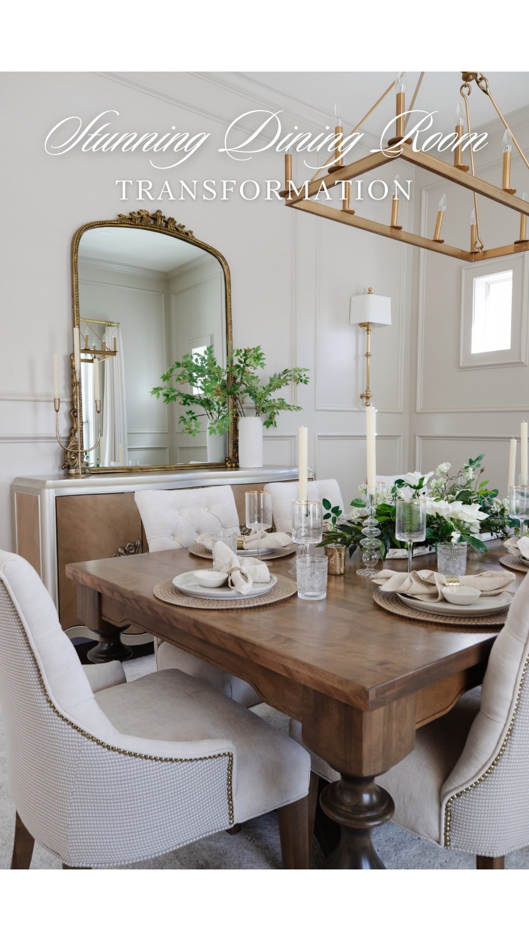 Although I will NEVER be able to resist a good before and after, the best part of our remodels will always be combining our questionnaire + client’s inspirations to create a custom, yet functional space suited for their lifestyle! ✨
This traditional, luxury feel blended with a vintage aesthetic is the pinterest-worthy look that we are obsessing over! 🤍 And it’s the perfect spot for big family gatherings & holiday dinners!
✨ Tell us, what’s your favorite part about this dining room?