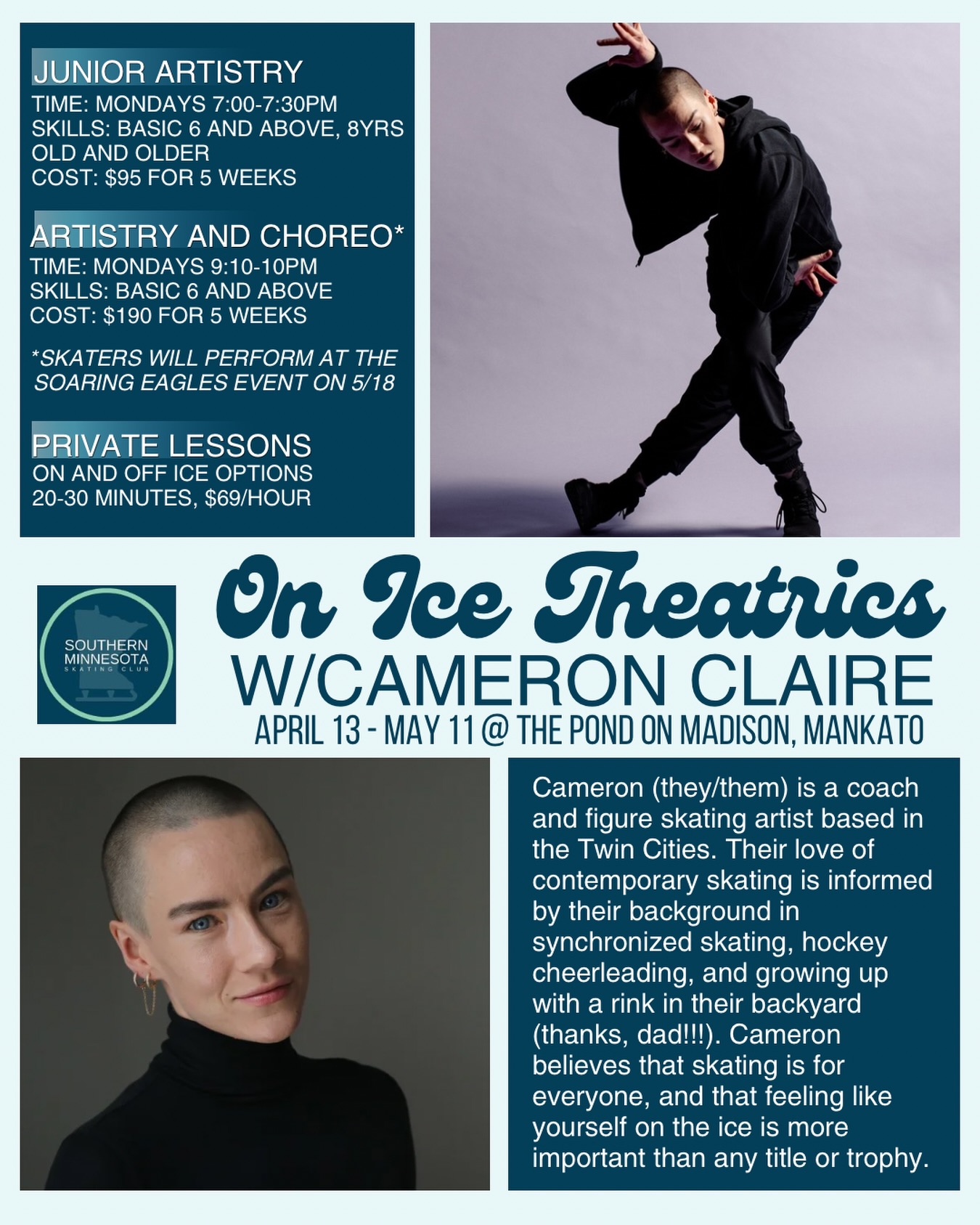 Join SMSC on Mondays this spring for 🩵On Ice Theatrics,🩵 led by nationally renowned performer, Cameron Claire! 🤩 Skaters are invited to participate in the Junior Artistry class or the Artistry and Choreo class. This is an excellent opportunity for skaters interested in learning more about on ice artistry and performing!
⭐️Class size is limited, reserve your spot today via the registration link in our bio!⭐️