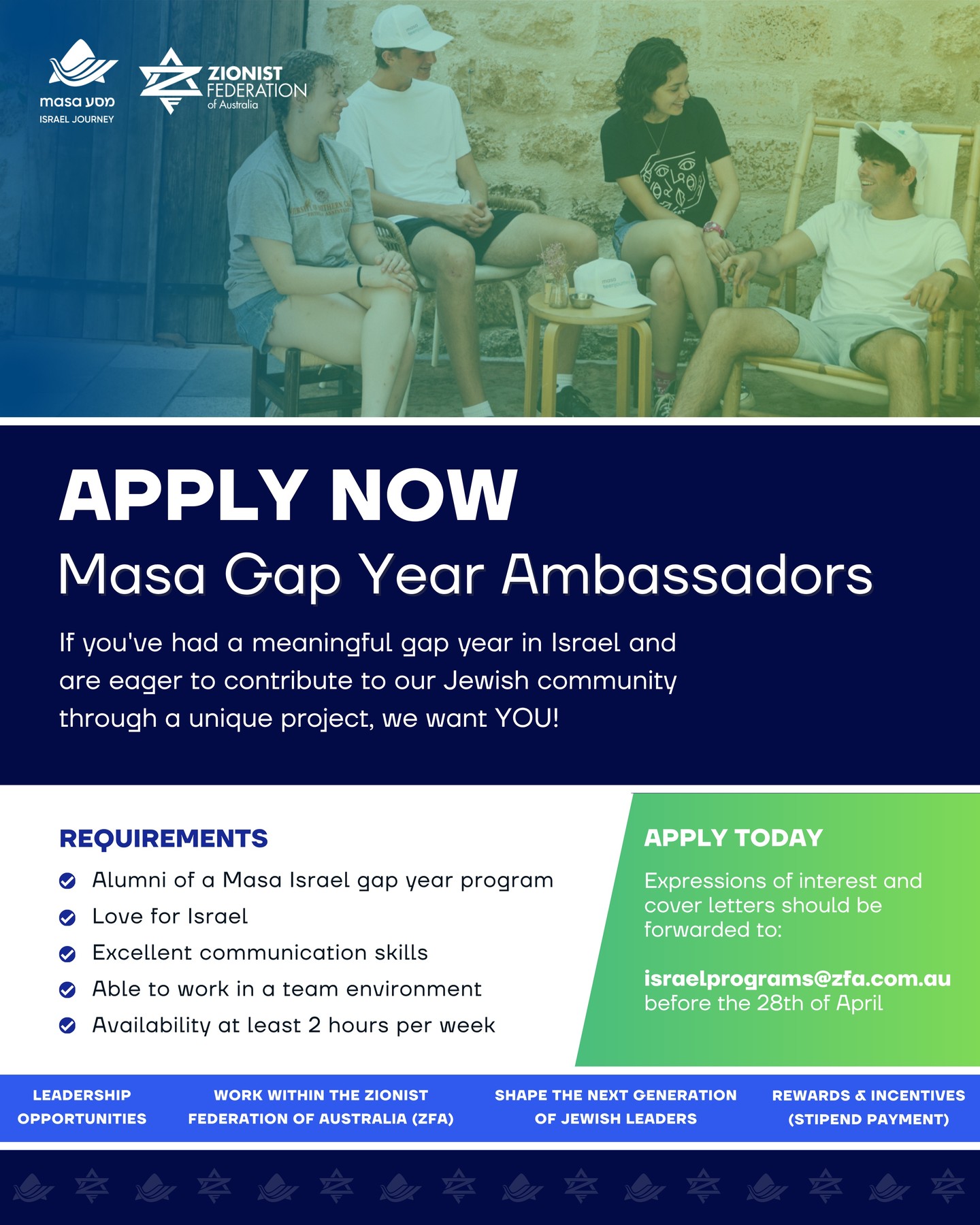 Looking to stay involved after your gap year? 🇮🇱✈️
The Masa Gap Year Ambassador program is your chance to give back, lead, and stay connected to the community. Apply now and be part of something bigger.
📩 israelprograms@zfa.com.au
🗓️ Applications close April 10