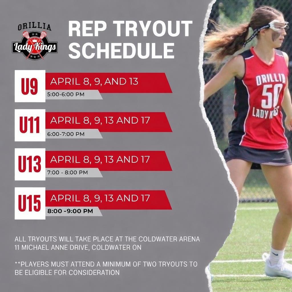 UPDATED POST***
✨ We are pleased to announce our rep tryout schedule!✨
You must be registered and paid to attend tryouts!
🔴U11 & U13 players who are also registered to tryout for girls box in Orillia: please check your emails for information about tryout conflicts!🔴
Please reach out if you have and questions or if you are unable to make a tryout! OrilliaLKFieldLacrosse@gmail.com
#letsgogirls #playlikeagirl #Orillialadykings