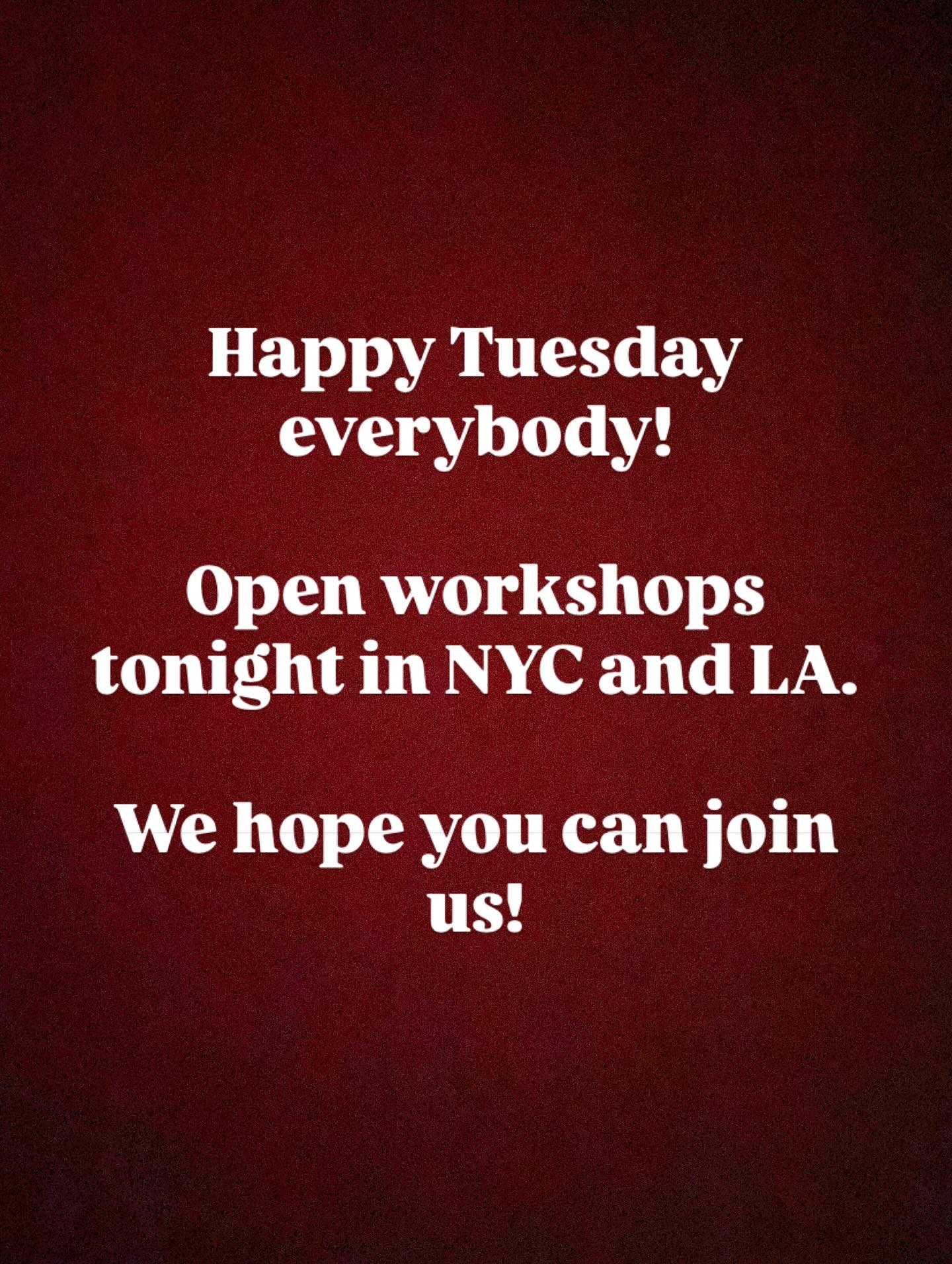 Happy Tuesday everyone!
#NYC workshop:
8-10pm at El Barrio’s Artspace PS109 (@elbarriosartspace)
215 East 99th Street
#LA workshop:
7:30-9:30pm at Young People to the Front (@youngpeopletothefront)
4308 Burns Ave
We hope you can join us.
#Shakespeare #free #theater