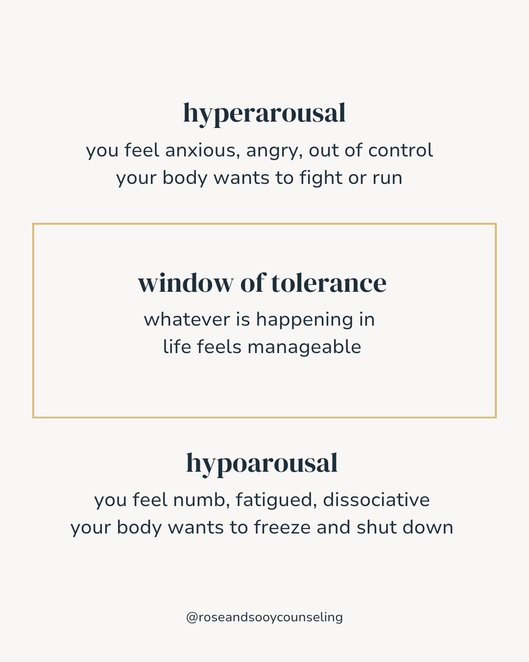 Ever feel like the smallest thing can suddenly send you over the edge, or leave you feeling completely shut down?
This is where the Window of Tolerance comes in. It’s a term used to describe the “just right” zone of our nervous system—where we can handle life’s ups and downs without feeling totally overwhelmed.
When we are inside our window, we feel grounded, flexible, and present. But when stress or trauma push us too far, we tend to go one of two ways: hypoarousal or hypoarousal
The goal isn’t to stay perfectly in the middle at all times (we’re human, after all!). The goal is to expand your window so you have more room to navigate life’s challenges without losing your footing.
Through therapy and somatic tools, we can learn how to gently bring ourselves back to that manageable center. Reach out via the link in our bio to get started!
#somatictherapy #windowoftolerance #nashvilletherapy #tennesseetherapist #ptsdsupport