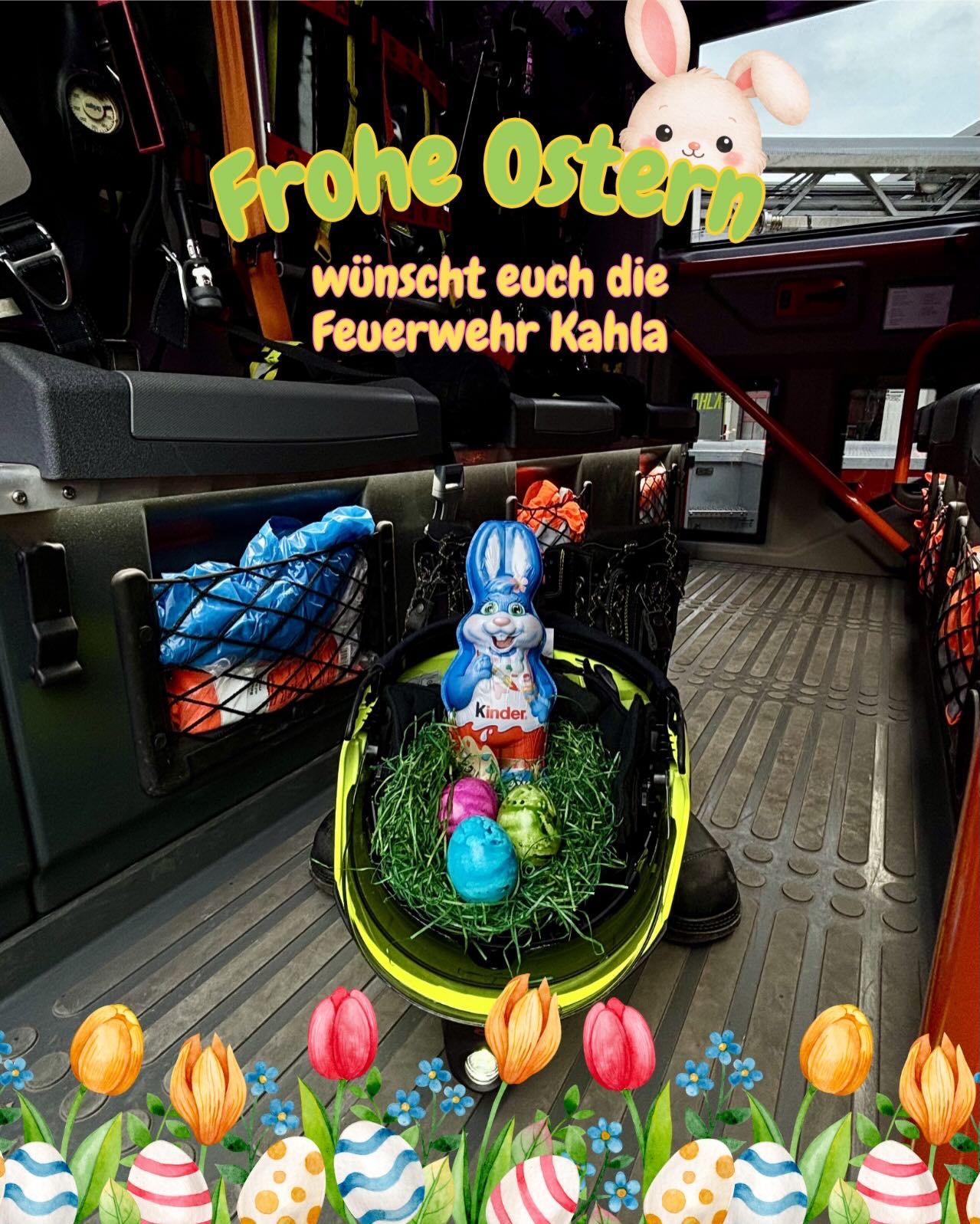 Die Feuerwehr Kahla wünscht euch frohe Ostern!🚒🐣
Auf dem zweiten Bild haben wir ein paar Kleinigkeiten versteckt, vielleicht findet ihr sie ja😉🐣.
•
#freiwilligefeuerwehr #feuerwehrkahla #imeinsatzfürkahla
