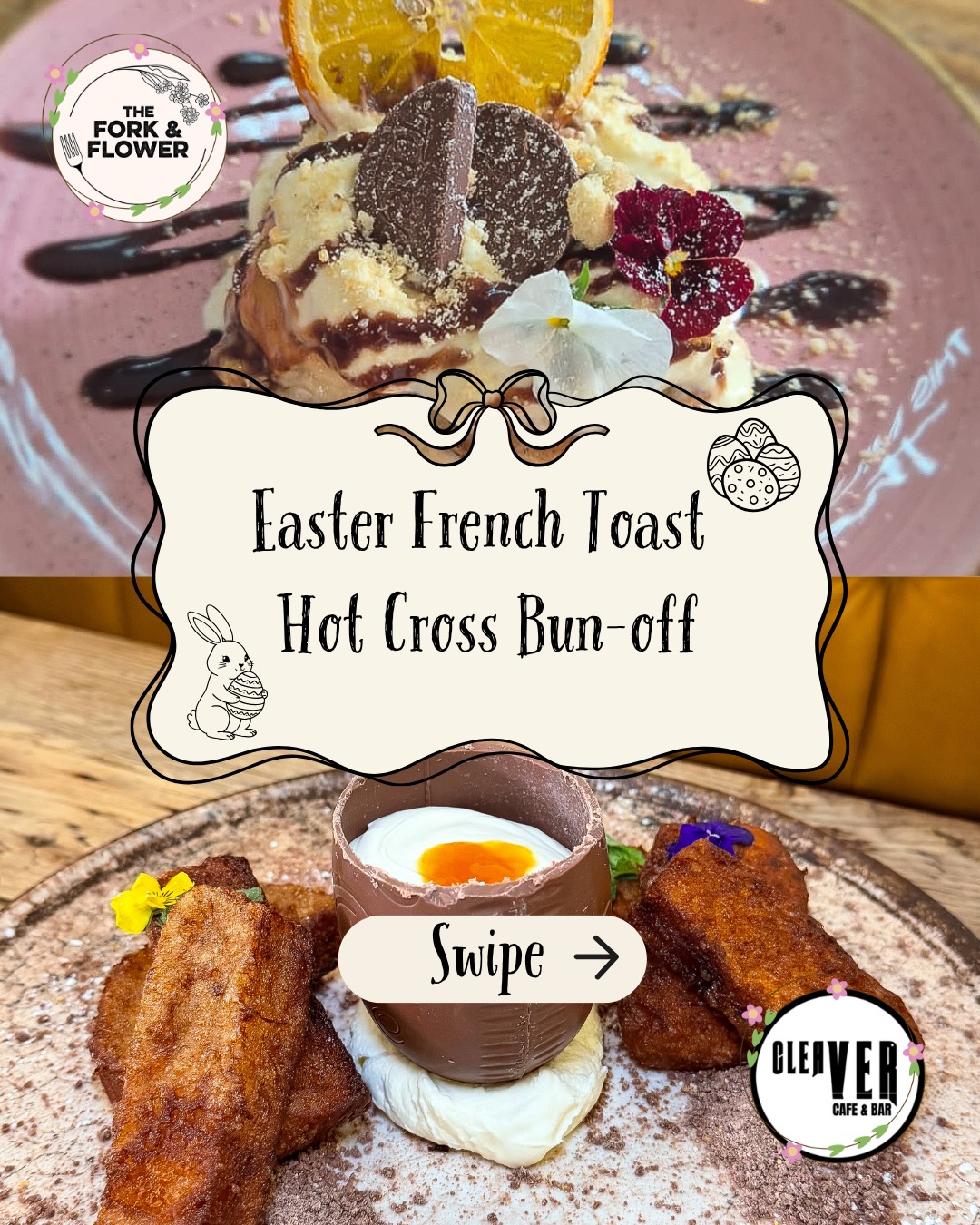 🐣 Easter French Toast Hot Cross Bun-Off! 🐣
Cast your vote in the comments below 👇
Sister brunch spots Cleaver Cafe & Bar (Long Eaton) and The Fork & Flower (Long Buckby) are going head-to-head for a little friendly Easter competition.
The challenge? Craft the ultimate Hot Cross Bun French Toast 🍞
Two kitchens. Two creations. One winner 🏆
@cleavercafebar “Egg & Soldiers” - HCB French toast, Mini Egg crumb, cloud-like white chocolate Chantilly, and a tangy passionfruit jelly
@theforkandflower_lb: Chocolate orange HCB French toast topped with zesty orange & Triple Sec mascarpone cream, mini Terry’s Chocolate Orange segments, crumbled Nice biscuits, chocolate orange drizzle and dehydrated orange
Now it’s over to you…
🐣Which one would you devour?
Drop your favorite in the comments 👇
—
📍 Cleaver Cafe & Bar, Long Eaton
📍 The Fork & Flower, Long Buckby
#HotCrossBun #FrenchToast #BrunchBattle #EasterSpecials #ukfoodies