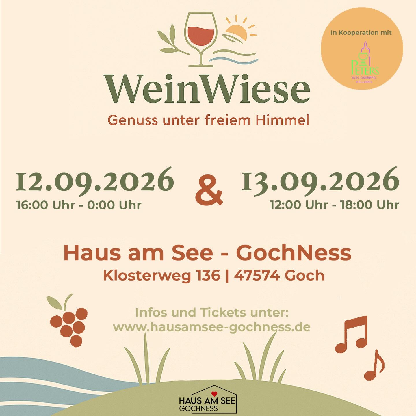 🌿🍷 WeinWiese – Genuss unter freiem Himmel 🍷🌿
Zwei Tage voller guter Vibes, feinem Wein und entspannter Atmosphäre am Haus am See – GochNess ✨
📅 Samstag, 12.09. (16:00–00:00)
Freu Dich auf sommerliche Ibiza House Beats, ausgewählte Weine & kulinarischen Genuss 🍇🎶
Perfekt für einen entspannten Abend mit guter Stimmung 💃
📅 Sonntag, 13.09. (12:00–18:00)
Gemütliches Daydrinking, leckeres Essen & entspannte Stimmung 🌞👨👩👧👦
📍 Haus am See – GochNess
🎟️ Samstag: 14,90 € (Ü16)
🎟️ Sonntag: 3,00 € (Kinder unter 16 Jahren frei)
👉 Sichere dir jetzt deine Tickets:
www.hausamsee-gochness.de
Komm vorbei, bring Deine Freunde mit & genieße das Leben – wir sehen uns auf der WeinWiese! 🍷💚
#HausamSeeGochNess #WeinWiese #GenussMomente #Goch #Daydrinking Weinliebe SommerVibes