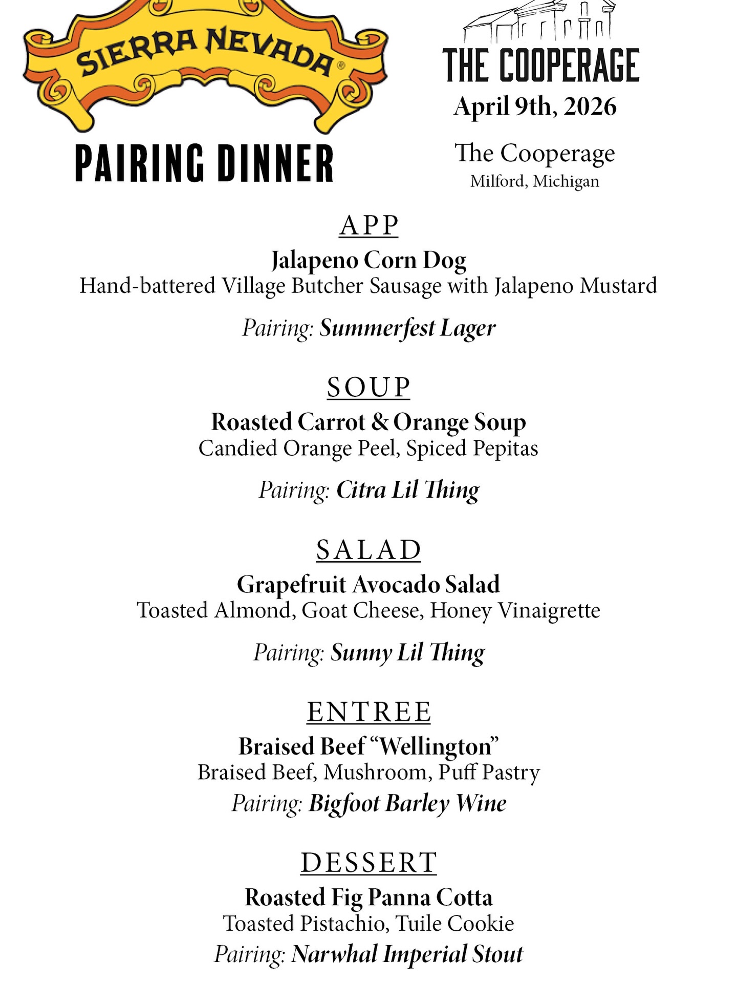 Well, our @sierranevada beer dinner got pushed back due to two breaks - Spring Break and a break in a town water line… we have rescheduled to next Thursday, April 9th!
Please shoot us a message here or give us a shout at 2486769978 to sign up!