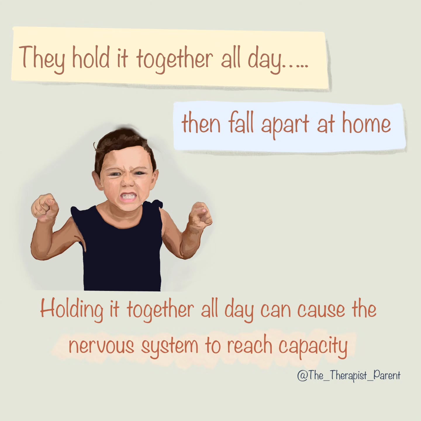Ever noticed how some children seem completely fine at school… but as soon as they get home, everything spills out?
What looks like “they’re fine all day” is often a sign they’ve been working incredibly hard to hold themselves together.
From a neurodevelopmental perspective, this is restraint collapse.
Throughout the day, a child is using executive functions to:
suppress impulses
manage expectations
navigate social demands
regulate sensory and emotional input
That level of continuous inhibition isn’t neutral—it’s taxing. It draws heavily on prefrontal resources and requires constant top-down regulation.
By the time they reach a safer, lower-demand environment (like home), the system can no longer sustain that level of control.
What follows isn’t defiance or manipulation.
It’s a nervous system discharging accumulated load.
This is why the intensity is often higher at home:
Home is where the child feels safe enough to let go.
The shift in how we respond matters.
Instead of asking:
“Why can’t they hold it together here?”
We can ask:
“What has it taken for them to hold it together elsewhere?”
Because if we only respond to the behaviour we see at home, we miss the context that created it.
Support in these moments isn’t about tightening control—it’s about reducing load and restoring regulation:
lowering demands
offering co-regulation
allowing decompression without expectation
recognising that capacity has limits
Behaviour is not just about the moment.
It’s about the system that came before it.
If this perspective resonates, you’ll find more in my book The Therapist Parent:
👉 www.thetherapistparent.com�