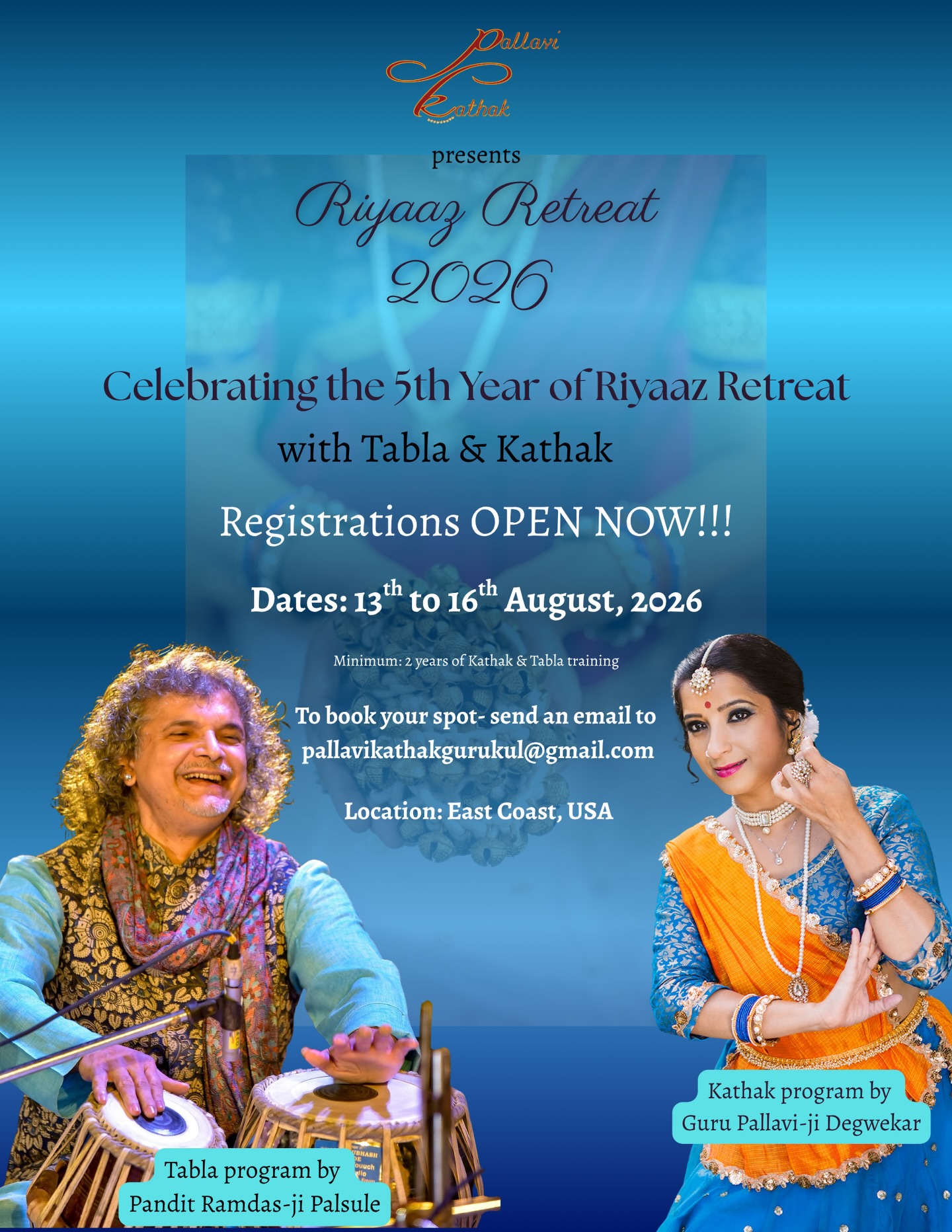 Finally wait is over…..
✨ Riyaaz Retreat 2026 ✨
💫 Registrations OPEN NOW!!! 💫
Step into a space of rhythm, movement, and deep connection as we celebrate the 5th beautiful year of Riyaaz Retreat!
To mark this special milestone, we are filled with immense joy and reverence as we warmly welcome Pandit Ramdas-ji Palsule for Tabla—introducing a Tabla program for the very first time—and our beloved Guru Pallavi-ji Degwekar for Kathak 🙏
We are honored to offer students the opportunity to learn under their able guidance, immersing in the true essence of riyaaz—where dance and music will come alive in a serene, gurukul-like environment.
Surrounded by nature, community, and shared passion, this is more than a retreat—it is a journey inward and a celebration of tradition!
🗓 August 13–16, 2026
📍 East Coast, USA
Registrations are now open—come grow, learn, and gently detach from the rush of daily life.
To book your spot, please email: pallavikathakgurukul@gmail.com
@kathakfestival @dancenewjersey @danceusaorg @adgfestival @internationaldancecouncil_cid
#ptramdaspalsule #pallavidegwekar #riyaazretreat #retreat #danceretreat