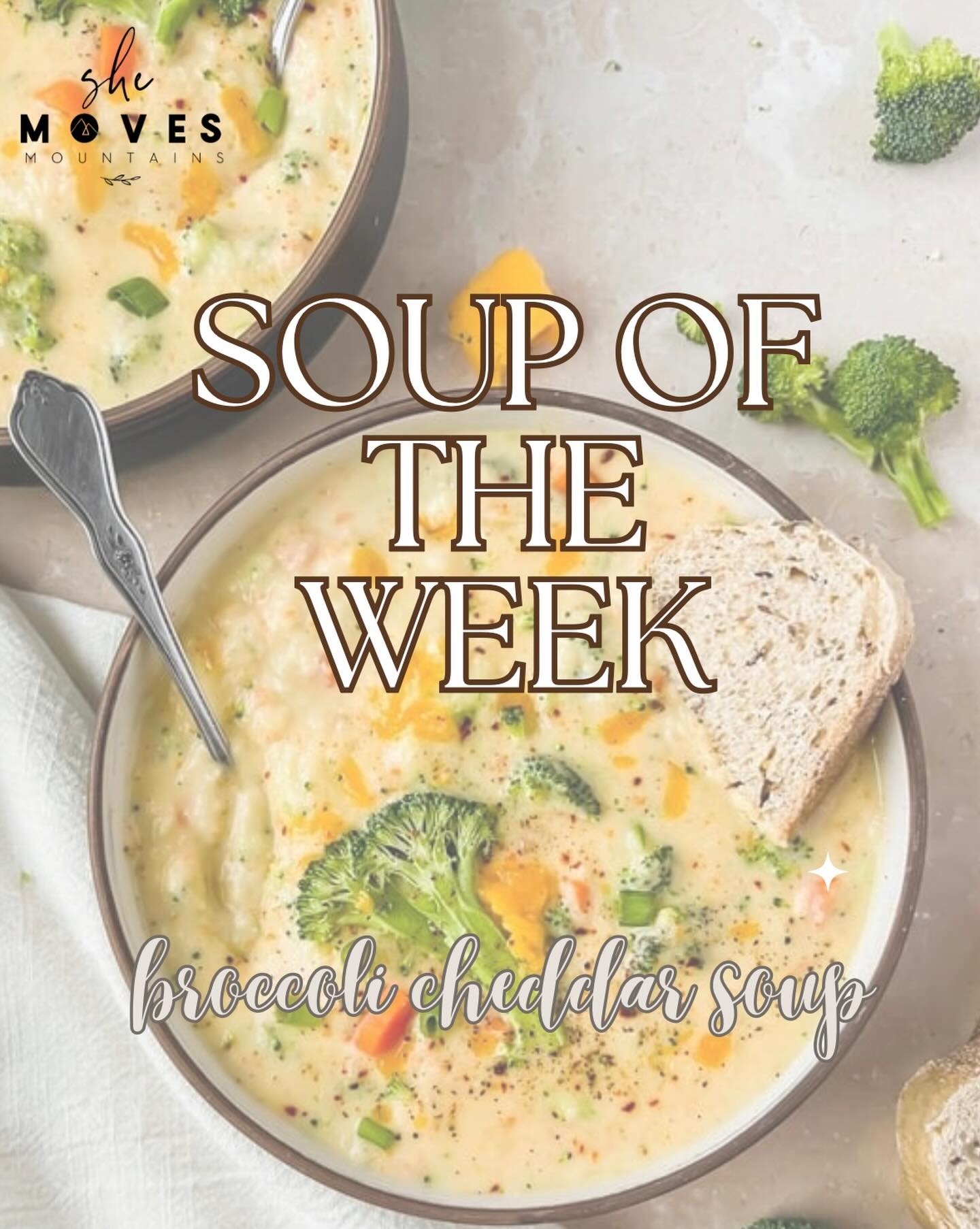 Ummmm, YUM!! 🥦 🧀 🥣
The soup tomorrow night is
🥁🥁🥁
Broccoli Cheddar Soup!!
We have something so so special planned for you tomorrow night!! We cannot waitttttt to see you and gather!! I’ll leave you a hint ❤️🚪
😉Try and guess in the comments 🤭
See you ladies at 6:30!!