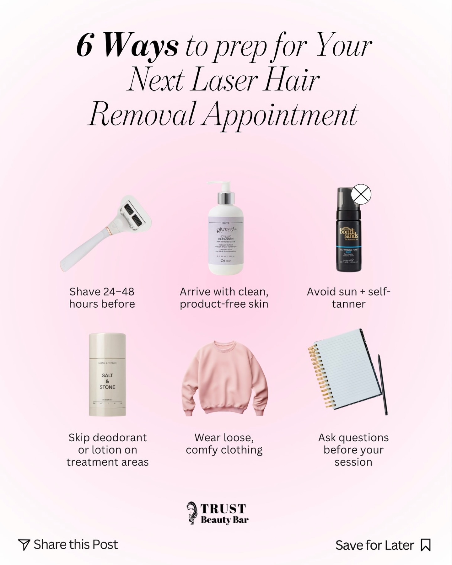 𝐇𝐎𝐖 𝐓𝐎 𝐏𝐑𝐄𝐏 𝐅𝐎𝐑 𝐘𝐎𝐔𝐑 𝐋𝐀𝐒𝐄𝐑 𝐇𝐀𝐈𝐑 𝐑𝐄𝐌𝐎𝐕𝐀𝐋 ✨
Prepping your skin properly isn’t optional — it’s what determines how effective, safe, and seamless your results will be.
Here’s exactly what to do before your appointment 👇🏼
✨ 𝐒𝐇𝐀𝐕𝐄 𝟐𝟒–𝟒𝟖 𝐇𝐎𝐔𝐑𝐒 𝐁𝐄𝐅𝐎𝐑𝐄
No waxing or plucking — the follicle needs to stay intact for the laser to target it.
✨ 𝐀𝐑𝐑𝐈𝐕𝐄 𝐖𝐈𝐓𝐇 𝐂𝐋𝐄𝐀𝐍, 𝐏𝐑𝐎𝐃𝐔𝐂𝐓-𝐅𝐑𝐄𝐄 𝐒𝐊𝐈𝐍
No oils, lotions, or residue — this ensures proper laser penetration and reduces irritation.
✨ 𝐀𝐕𝐎𝐈𝐃 𝐒𝐔𝐍 𝐄𝐗𝐏𝐎𝐒𝐔𝐑𝐄 + 𝐒𝐄𝐋𝐅-𝐓𝐀𝐍𝐍𝐄𝐑
Tanned skin increases the risk of burns and pigmentation — keep your skin as neutral as possible.
✨ 𝐒𝐊𝐈𝐏 𝐃𝐄𝐎𝐃𝐎𝐑𝐀𝐍𝐓 𝐎𝐑 𝐋𝐎𝐓𝐈𝐎𝐍 (𝐈𝐍 𝐓𝐑𝐄𝐀𝐓𝐌𝐄𝐍𝐓 𝐀𝐑𝐄𝐀𝐒)
These can interfere with the laser and increase sensitivity.
✨ 𝐖𝐄𝐀𝐑 𝐋𝐎𝐎𝐒𝐄, 𝐂𝐎𝐌𝐅𝐘 𝐂𝐋𝐎𝐓𝐇𝐈𝐍𝐆
Your skin may feel slightly sensitive post-treatment — comfort is key.
✨ 𝐀𝐒𝐊 𝐐𝐔𝐄𝐒𝐓𝐈𝐎𝐍𝐒
Understanding your treatment = better results + better consistency.
The goal isn’t just hair removal… it’s precision, safety, and long-term skin quality.
📍 Vaughan, ON
Book your laser consultation with us 🤍
🌐 www.trustbeautybar.ca
#LaserHairRemoval #LaserPrep #MedicalAesthetics #SkinPrep #TrustBeautyBar LutronicClarity HairFreeSkin AestheticClinic