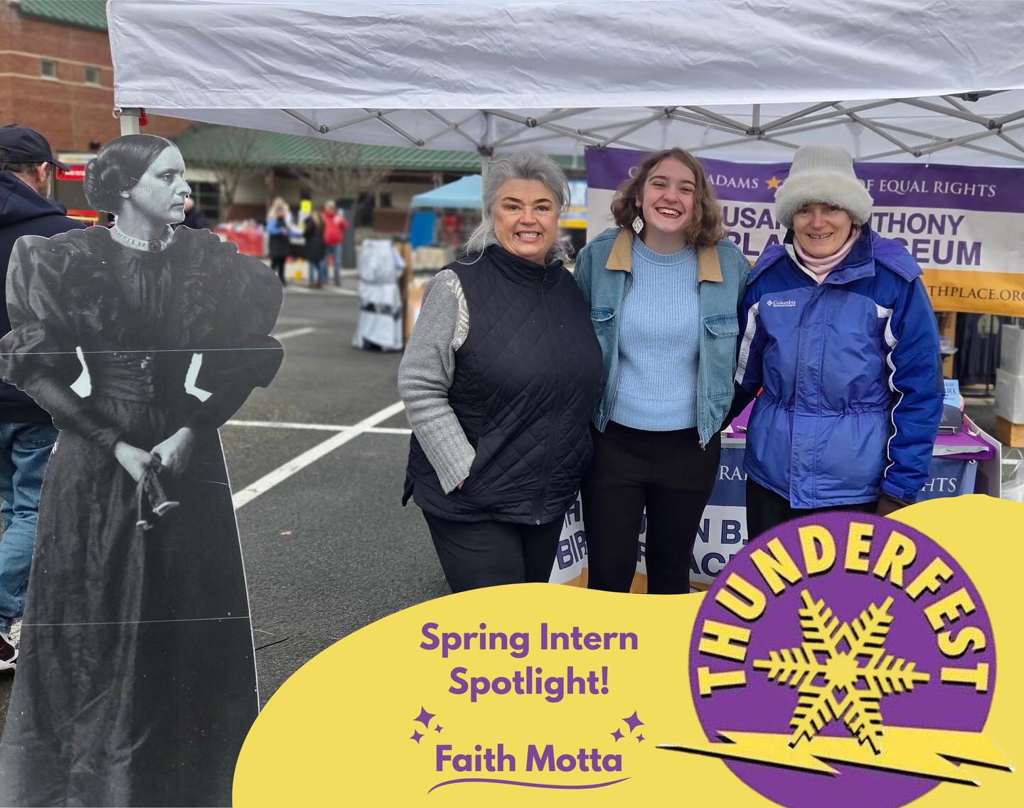It was a cold and windy day at Thunderfest, but still a pleasure to be out serving the local community.
We had Adams’ favorite SBA Reenactor Muriel Dyas, Spring intern Faith Motta, and gift shop manager Kristen Demeo brave the weather for Susan! 💪
Faith Motta (pictured middle) started as a volunteer in 2021, and today she is our spring intern studying Education at UMass Amherst.
Faith is currently developing engaging activities for student field trips (grades 9-12), aiming to make sure each school visit to the Birthplace meets curriculum standards for teachers.
We’re grateful to have Faith as part of our team this spring and summer!
#thunderfest #adamsma #internspotlight #womenshistorymonth #susanbanthony