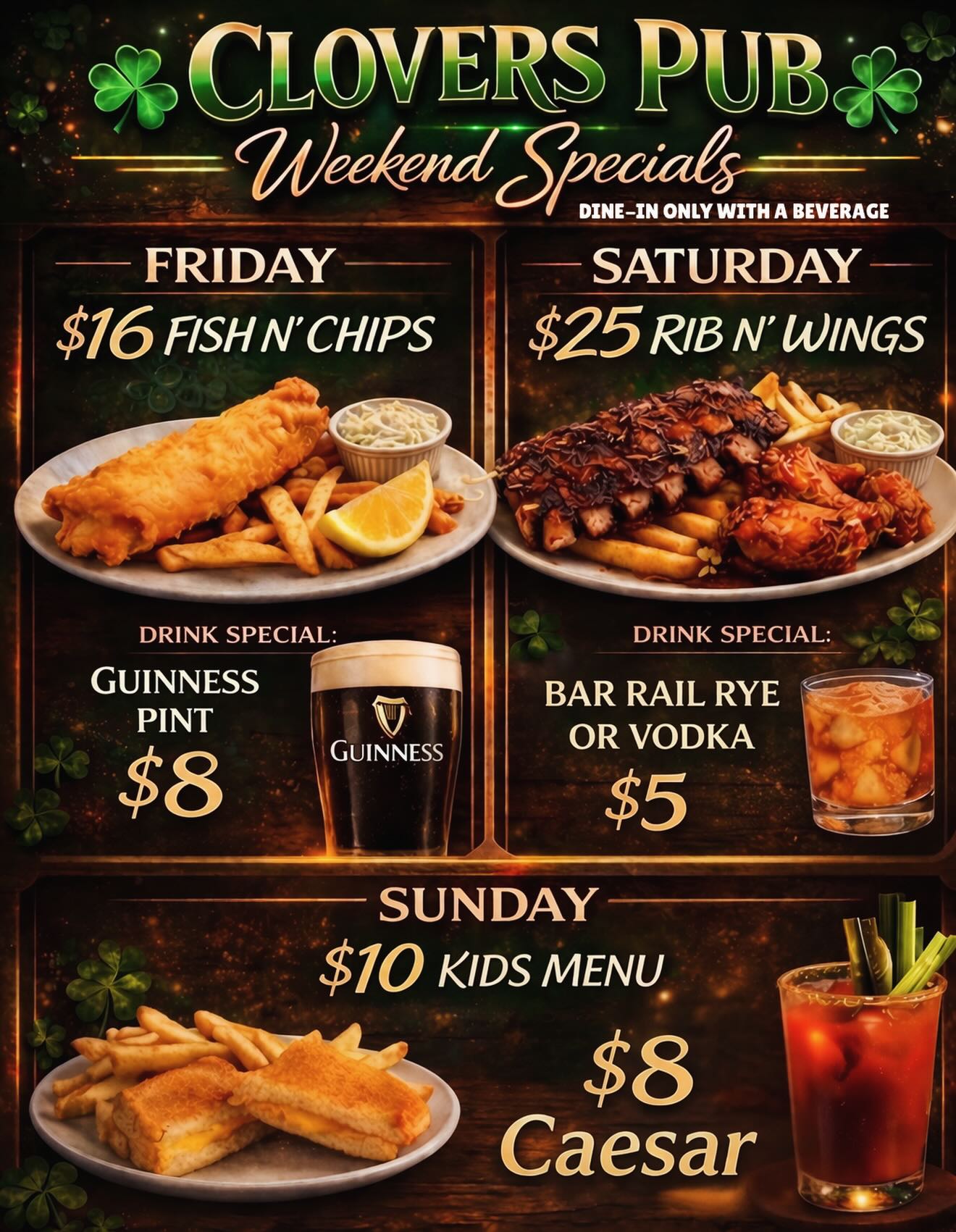 Weekend plans? We’ve got you covered 🍻🍀
From golden Fish & Chips to saucy ribs, wings, and ice-cold drinks… every night hits different at Clovers.
Good food tastes better with good company — so text the group chat, round up your crew, and make it a weekend to remember 🔥
#WeekendPlans #EatLocal #PubVibes #DrinkSpecials #FoodieFinds