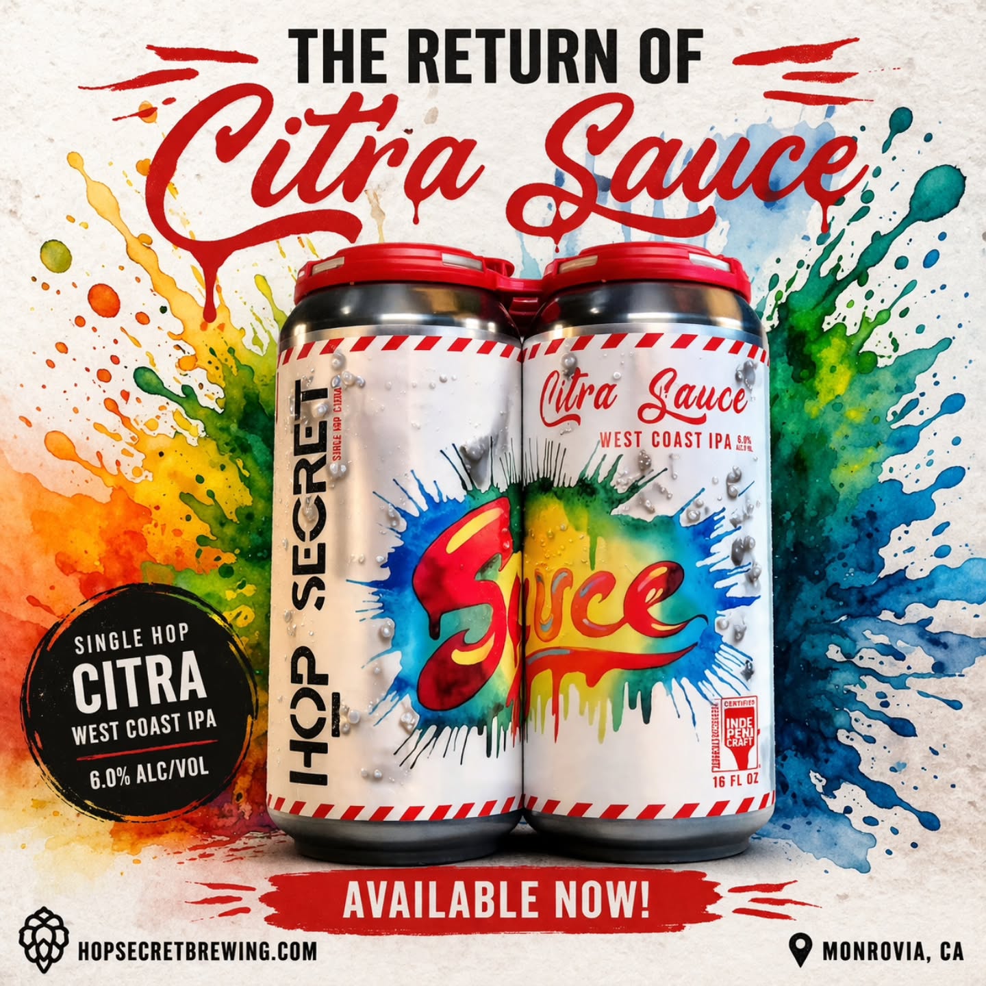 Citra Sauce is BACK 🍊🔥
Our single-hop Citra West Coast IPA returns—bright, crisp, and dripping with that signature citrus punch.
6.0% ABV • Available now on draft & to-go
#HopSecret #CitraSauce #WestCoastIPA #DrinkLocal #Monrovia