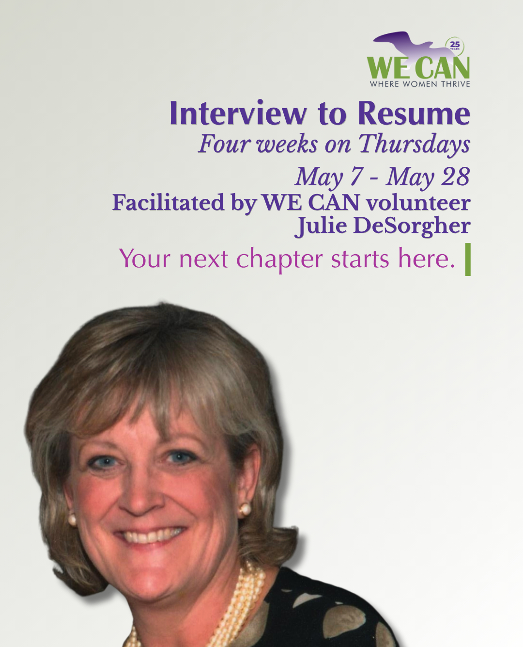 Your resume hasn't been updated in a while, has it? 👀
No judgment! Life gets busy. But your next opportunity won't wait forever.
Interview to Resumé is a free four-week workshop designed to help you walk into any room (or Zoom) with confidence. You'll build a resume that actually reflects how great you are and practice the interview skills to back it up.
📅 May 7 to May 28, every Thursday
🕔 5:00 to 6:30 PM in Hyannis
Facilitated by WE CAN volunteer Julie DeSorgher
To register, email kimberly@wecancenter.org or call 508-430-8111