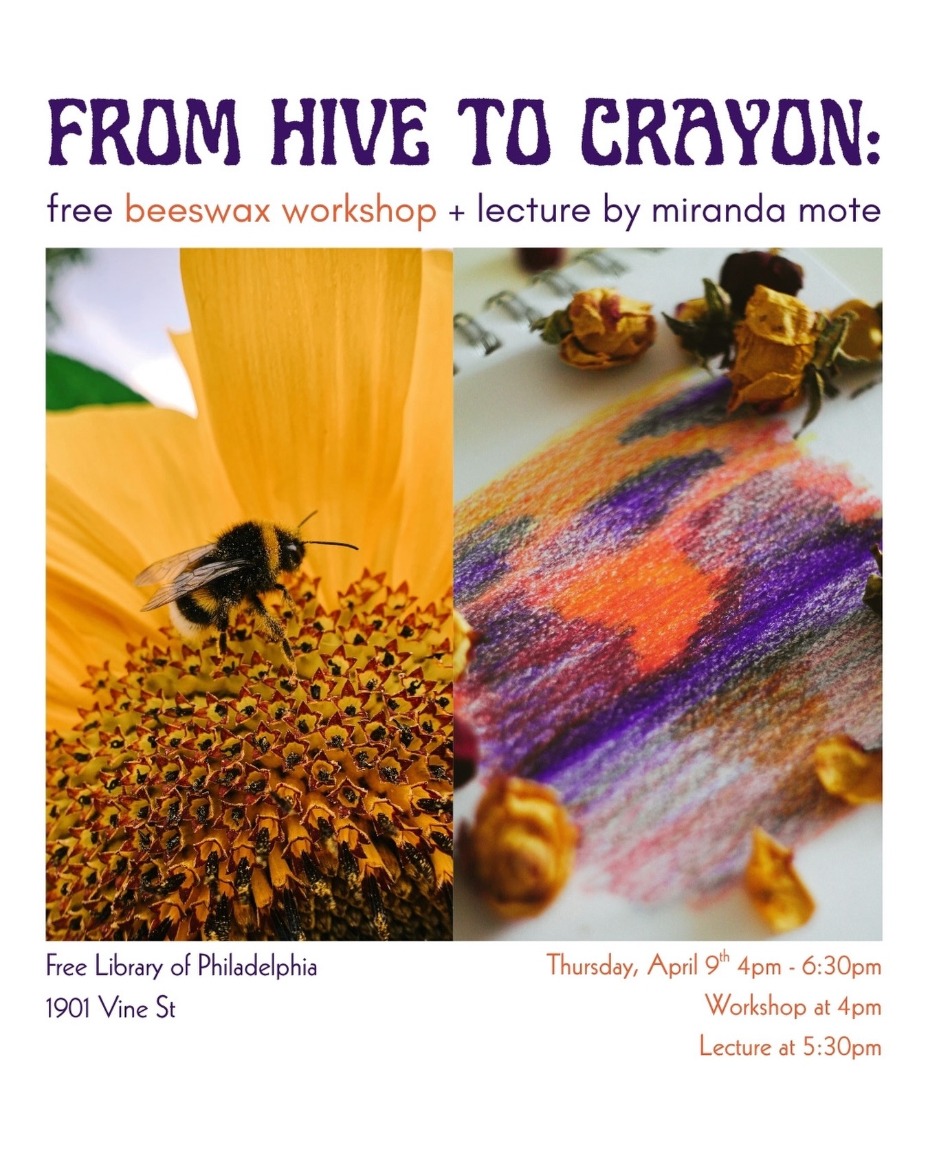 Make crayons, explore beeswax, and learn about the culture of beekeeping! 🐝
Join Miranda Mote from @botano_graphy for a free hands-on workshop and an evening lecture.
April 9 at the Central Branch of the Free Library of Philadelphia
📍1901 Vine Street
Link in bio for details.