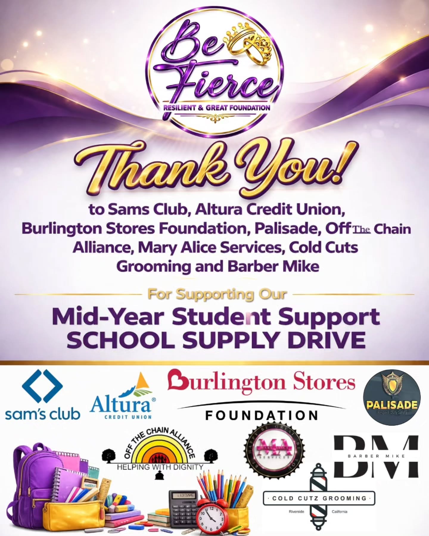 A huge thank you to our incredible sponsors @samsclub @alturacu @burlingtondeals @palisadedefensegroup @offthechainalliance @maservices2015 for helping make our Mid-Year Student Support School Supply Drive a success. Because of your generosity, students and families received much-needed support, supplies, and encouragement.
To all of the families who continue to show up, participate, and support our events, thank you for trusting BFRG Foundation and allowing us to serve your family. Your continued presence means everything to us and reminds us that true community impact happens when we come together.
💜 If you missed this event, don’t worry, we’re not done yet! Join us at our upcoming event this Saturday in Riverside as we continue strengthening families, empowering communities, and making a difference one family at a time.
#BFRGFoundation #RiversideCommunity #SchoolSupplyDrive #CommunityImpact #StrengtheningFamilies