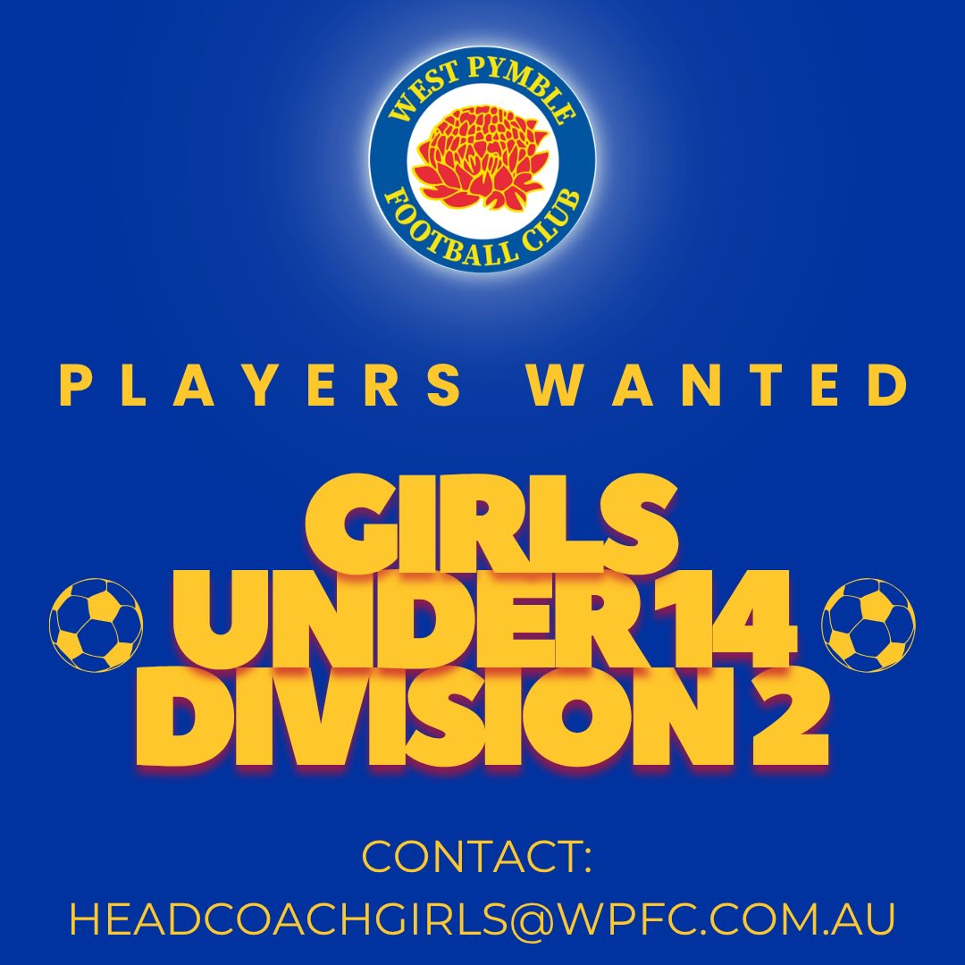 G14 div 2 players wanted! 💛💙
Are you a girl, under 14, looking for a fun way to spend your Sunday mornings? Our G14 Div 2 team is perfect for you!
This is a great way to make new and lifelong friends out of school, it’s fun, and a great way to spend your Sundays!
This team trains on Thursday nights. Games are on Sunday mornings!
So why wait? Register now!
If you are interested please email:
📧 Headcoachgirls@wpfc.com.au