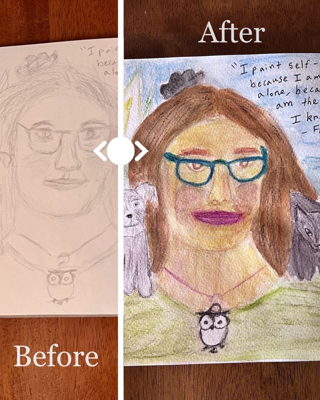 This is your reminder to never let your doubts stop you from what matters to you. I promise Iâve been making progress on my poetry writing, but my recent artwork has reminded me about pushing through my doubts not only in my visual arts but also in my writing, including writing my next poetry book.
I was worried that painting my drawing inspired by Frida Kahlo, especially her âSelf-Portrait with Thorn Necklace and Hummingbird,â wouldnât turn out like I expected. It took me days then I decided that instead of using traditional painting, I would use water-solvent pencils with a water brush. Iâm so grateful I kept going. Sometimes itâs just trying material that works for you. This is something I have to remind me when it comes to writing. I still have ways forward. And so do you. đ